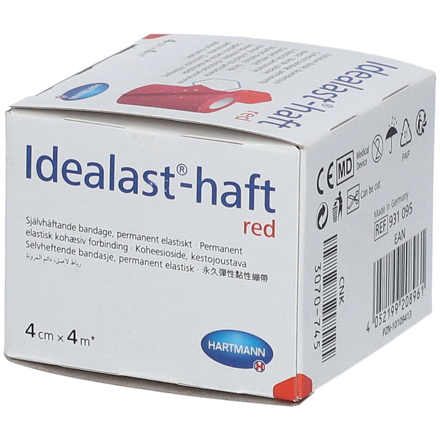 Boîte Hartmann Idealast-haft red, 4cm x 4m. Nom, logo et taille du produit.