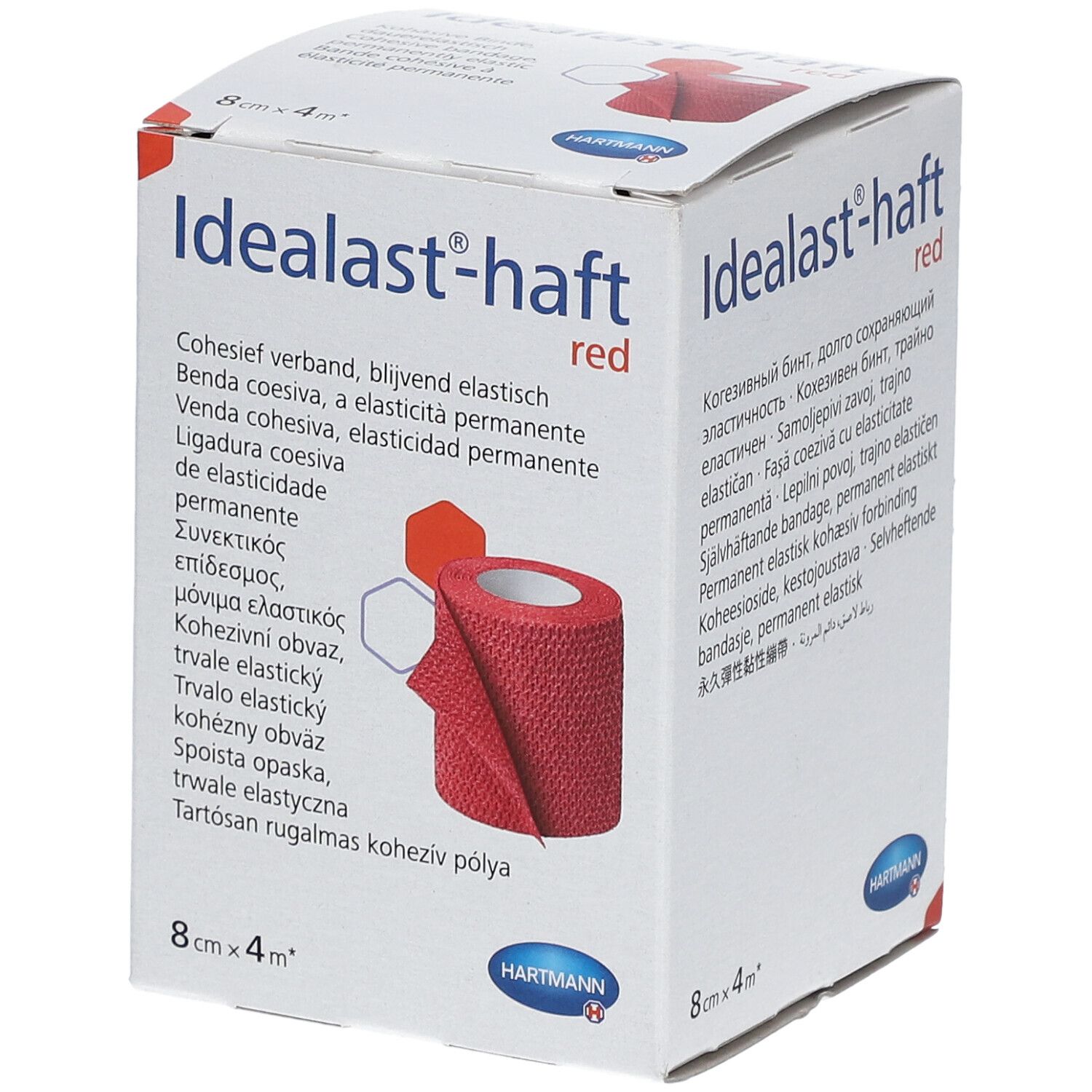 Emballage de bandage Idealast-haft rouge, 8cm x 4m. Logo Hartmann. Inscriptions: Idealast-haft red, 8cm x 4m.