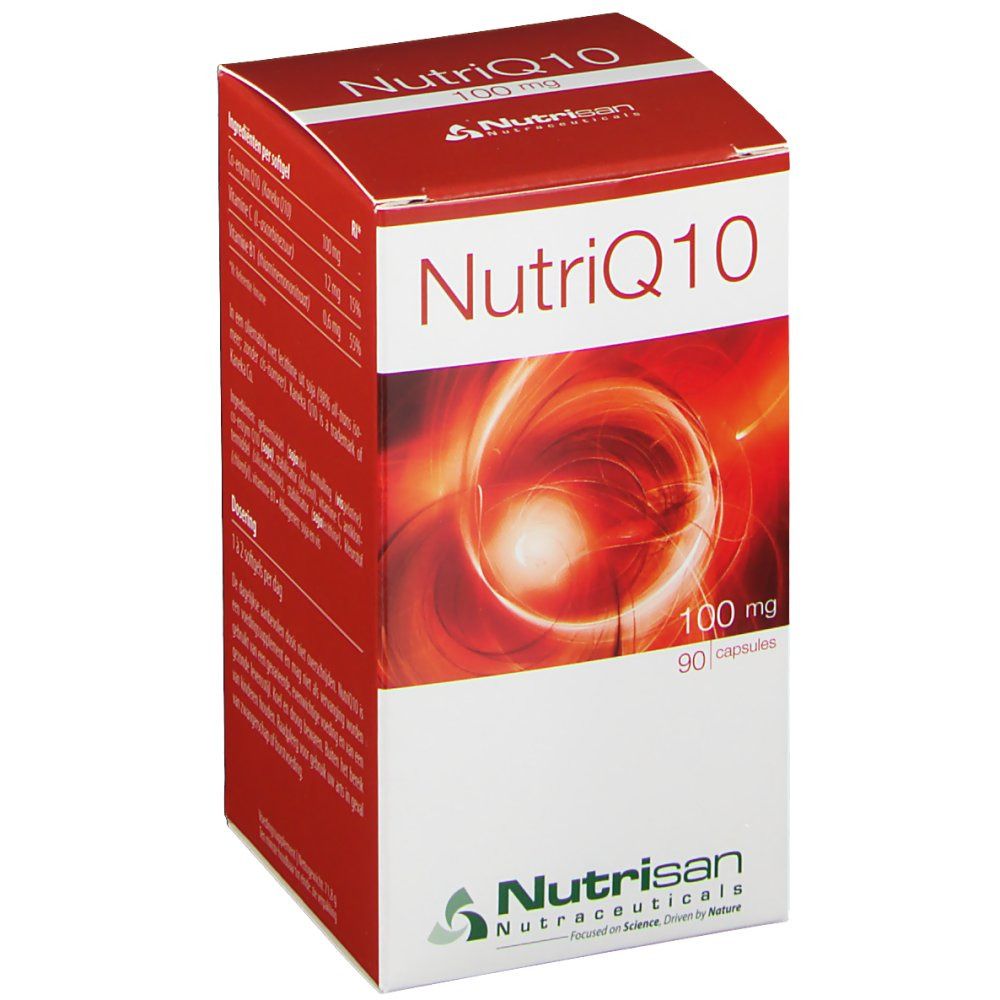 Boîte rouge Nutrisan NutriQ10 100 mg. Inscription : NutriQ10 100 mg, 90 gélules. Logo Nutrisan.