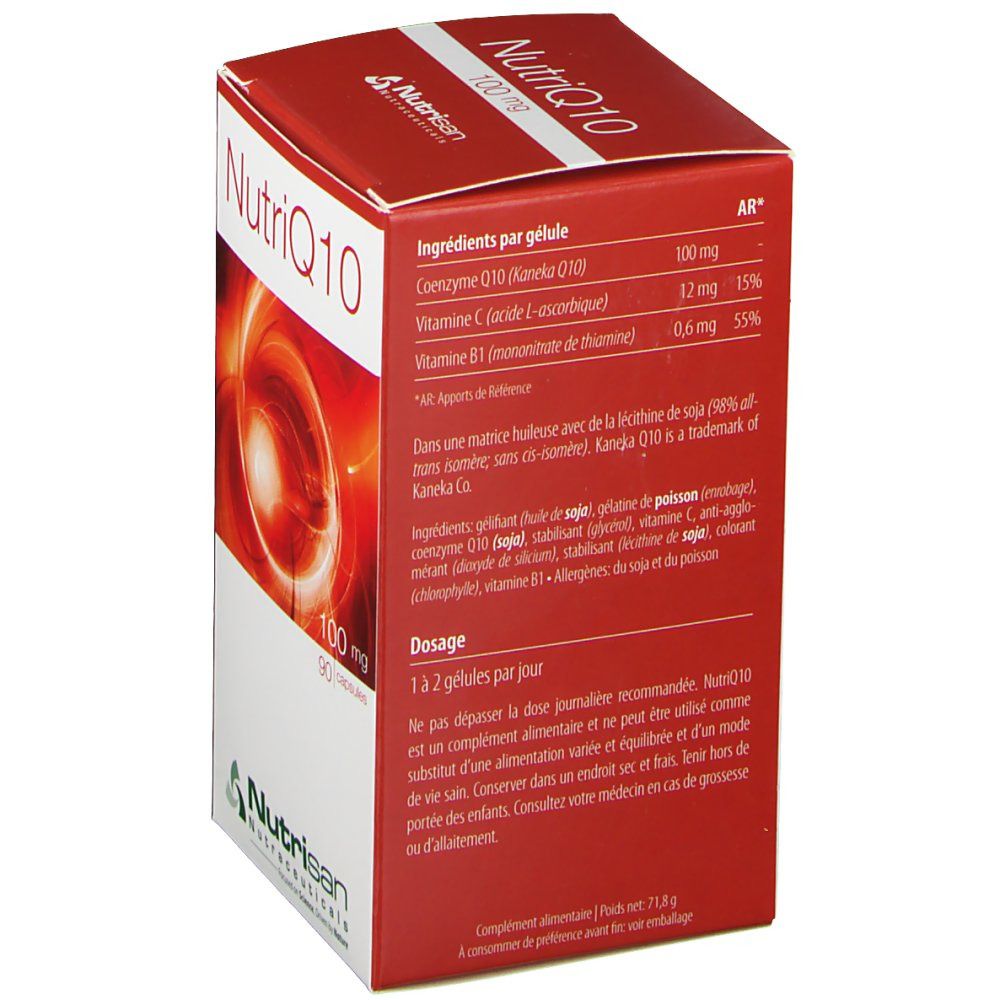 Boîte rouge Nutrisan NutriQ10. Inscription : NutriQ10 100 mg. Liste des ingrédients et dosage. Logo Nutrisan.