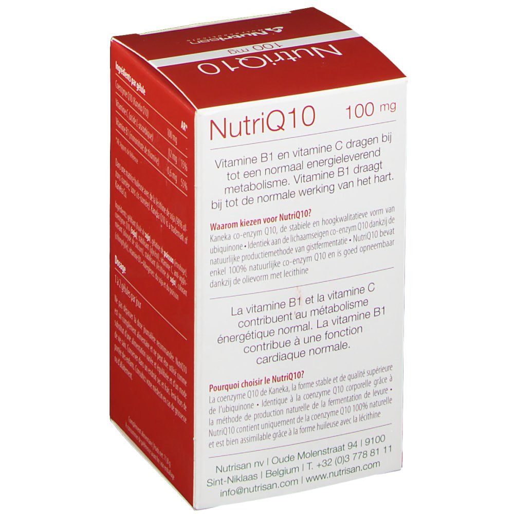 Boîte rouge Nutrisan NutriQ10. Inscription : NutriQ10 100 mg. Texte sur les ingrédients. Logo Nutrisan.