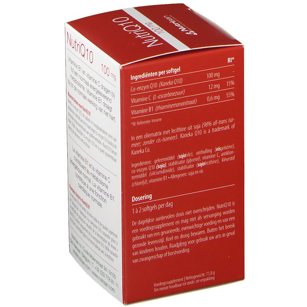 Boîte rouge Nutrisan NutriQ10. Inscription : NutriQ10 100 mg. Liste des ingrédients et dosage. Logo Nutrisan.