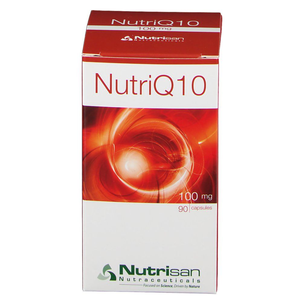 Boîte rouge Nutrisan NutriQ10 100 mg. Inscription : NutriQ10 100 mg, 90 gélules. Logo Nutrisan.