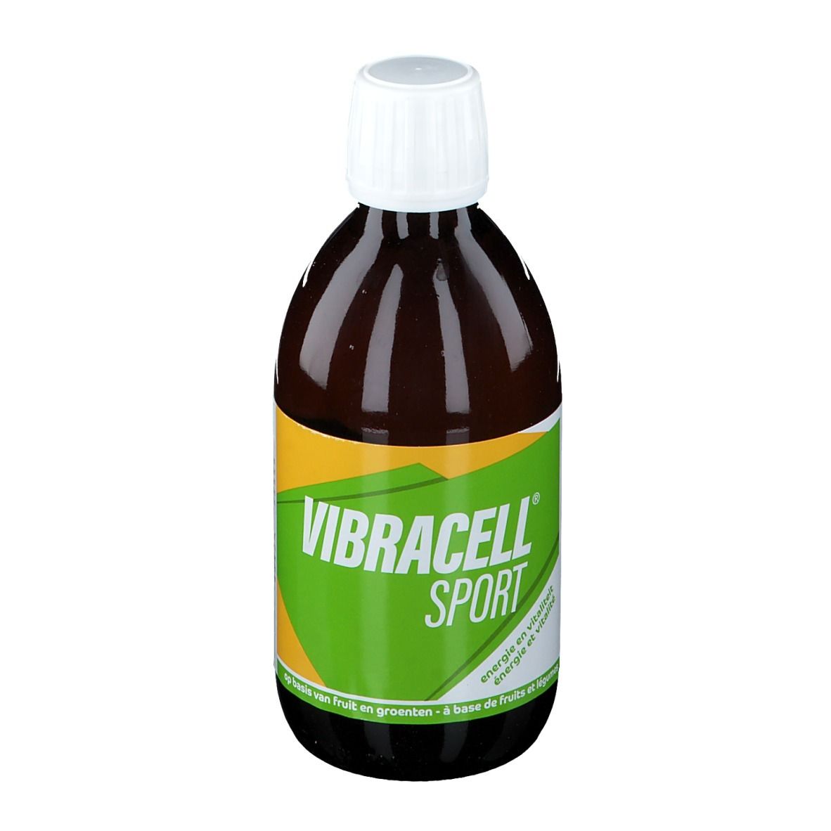 Bouteille marron avec bouchon blanc. Étiquette verte et jaune. Inscription: Vibracell Sport.