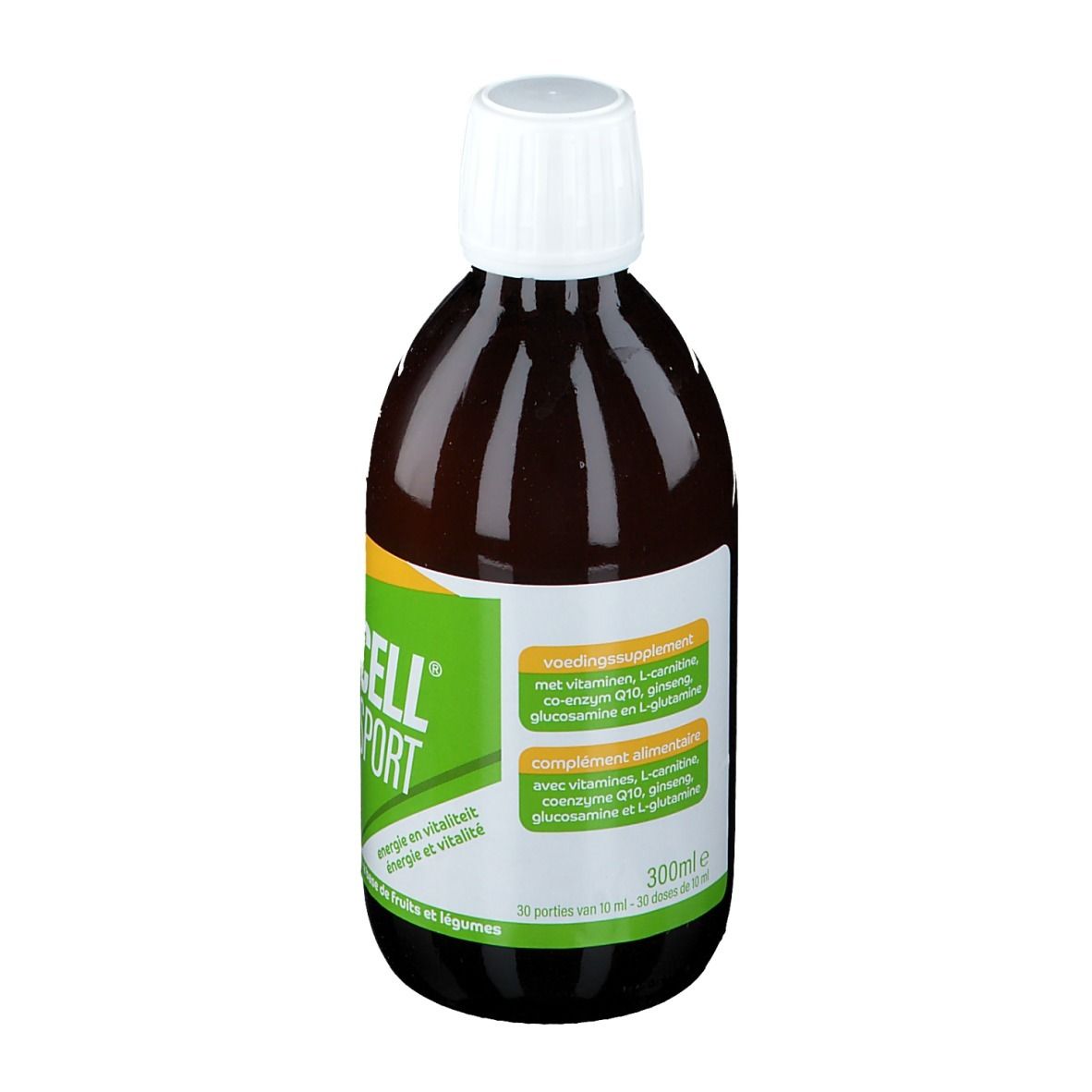 Bouteille marron avec bouchon blanc. Informations au dos. Inscription: Vibracell Sport, 300ml.