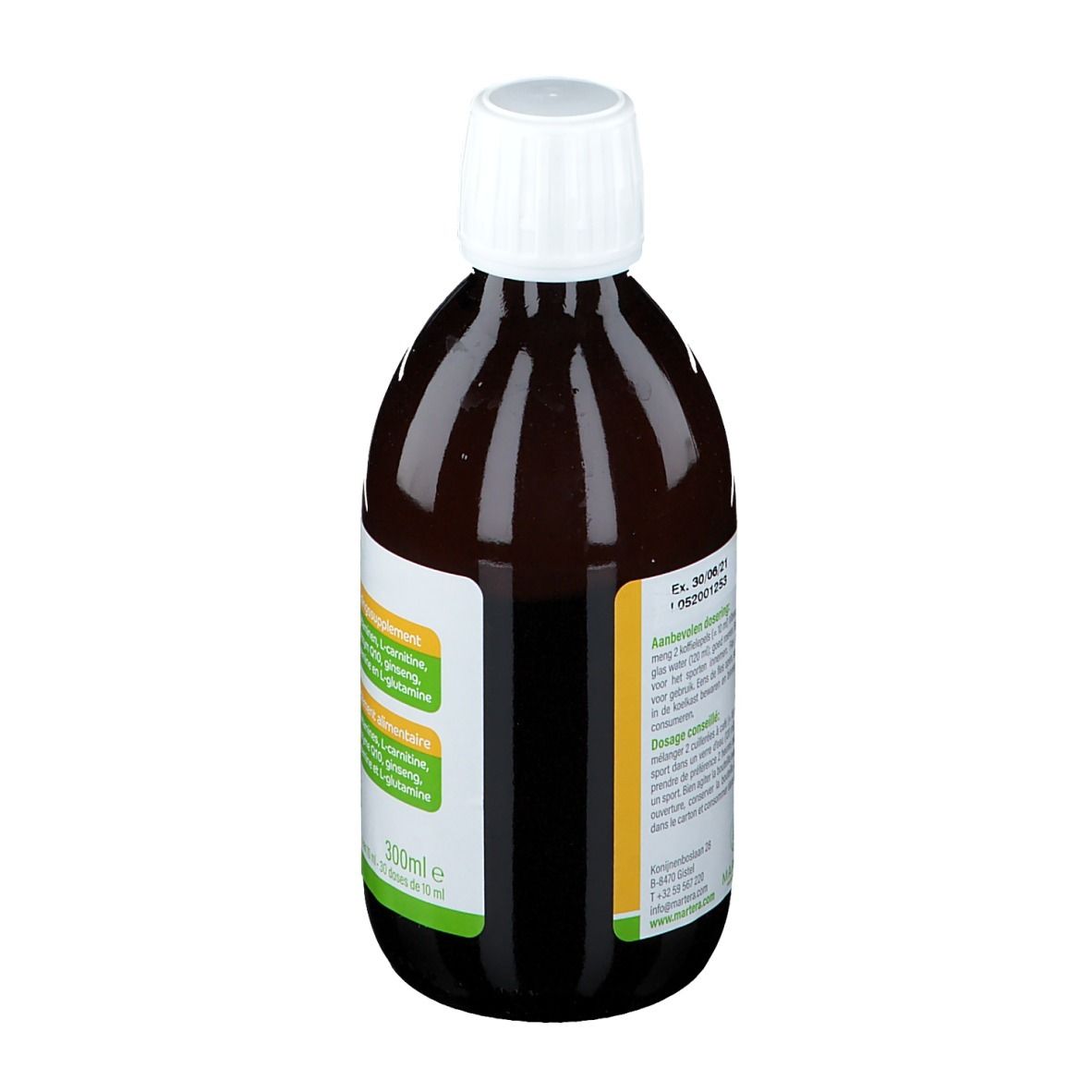 Bouteille marron avec bouchon blanc. Informations au dos. Inscription: Vibracell Sport, 300ml.