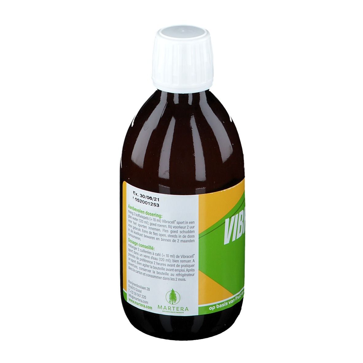 Bouteille marron avec bouchon blanc. Étiquette avec informations. Inscription: Vibracell Sport, 300ml.