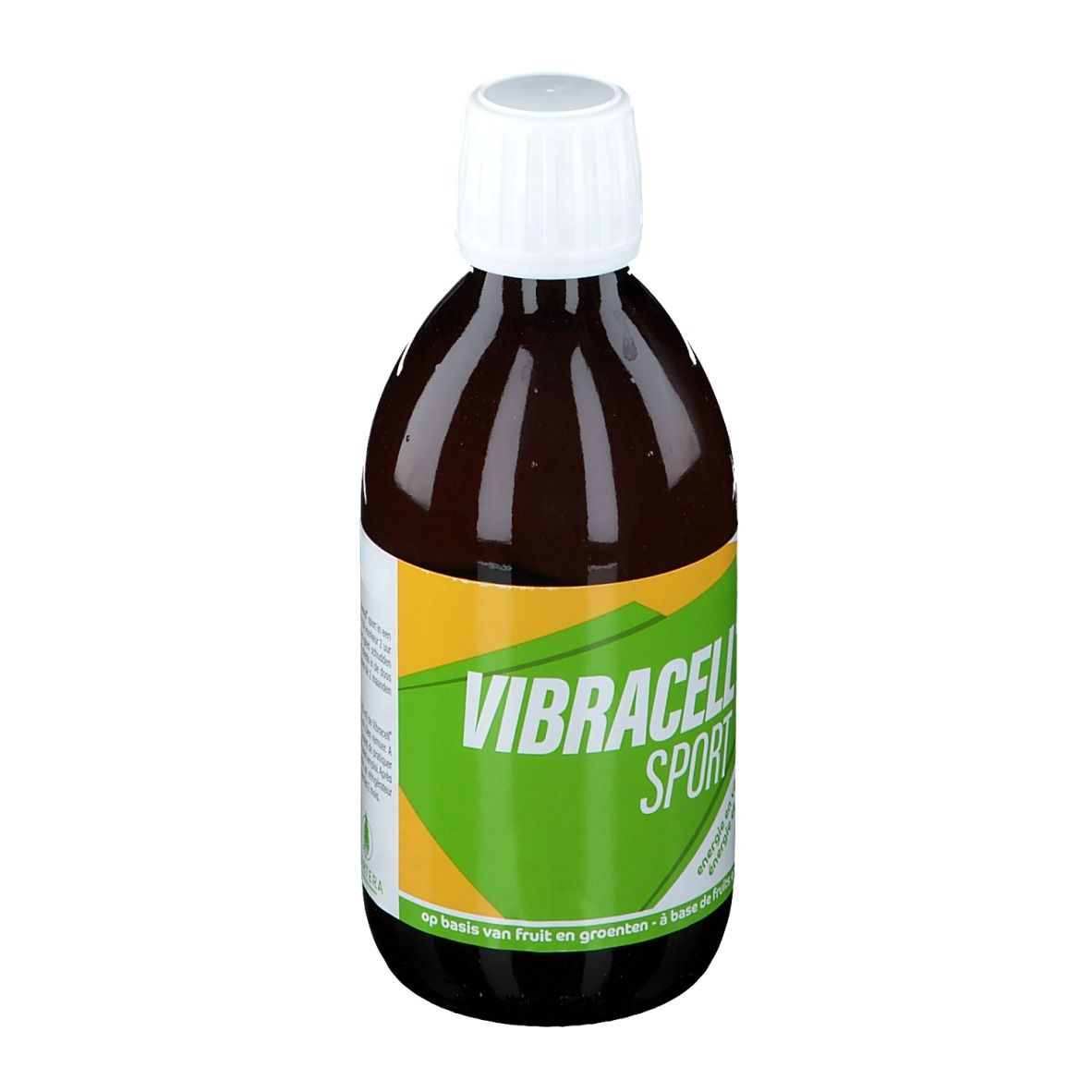Bouteille marron avec bouchon blanc. Étiquette verte et jaune. Inscription: Vibracell Sport.
