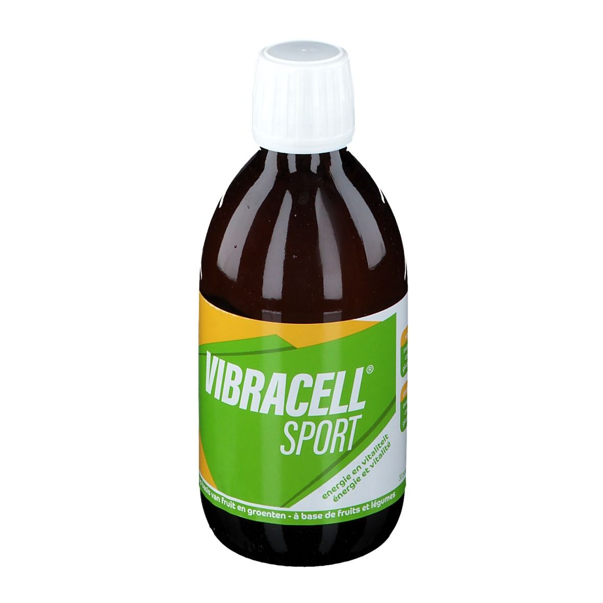 Bouteille marron avec bouchon blanc. Étiquette verte et jaune. Inscription: Vibracell Sport.