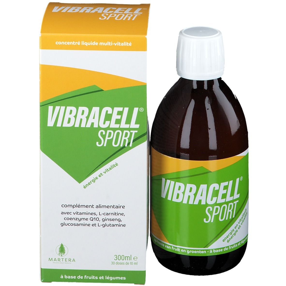 Bouteille marron avec bouchon blanc et emballage. Inscription: Vibracell Sport, 300ml. Emballage avec informations.