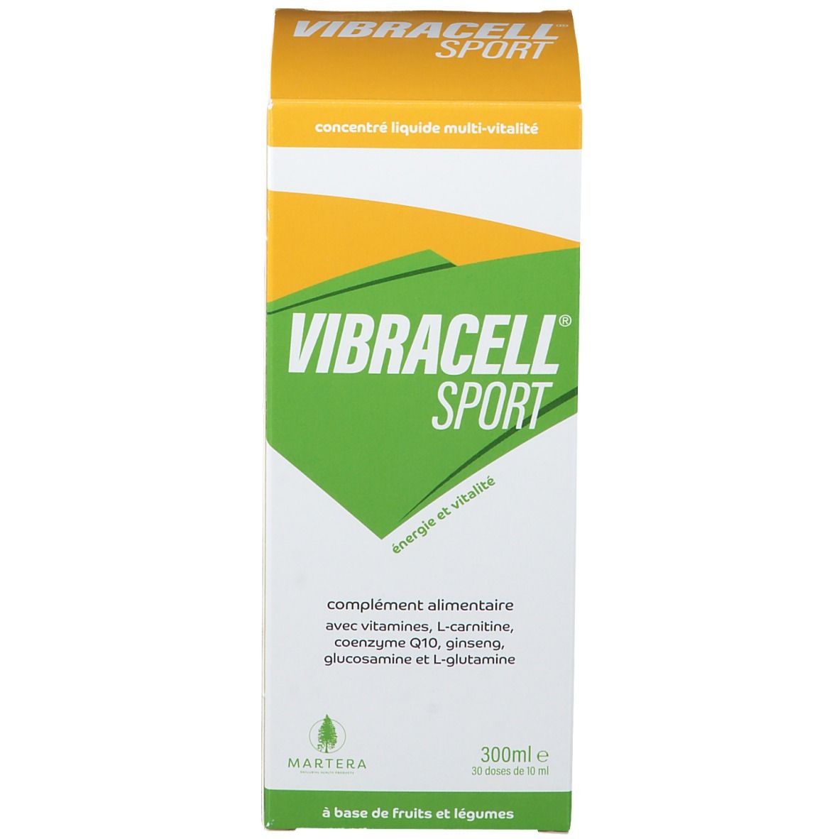 Emballage avec inscription: Vibracell Sport, 300ml. Design vert et jaune. Contient des informations.