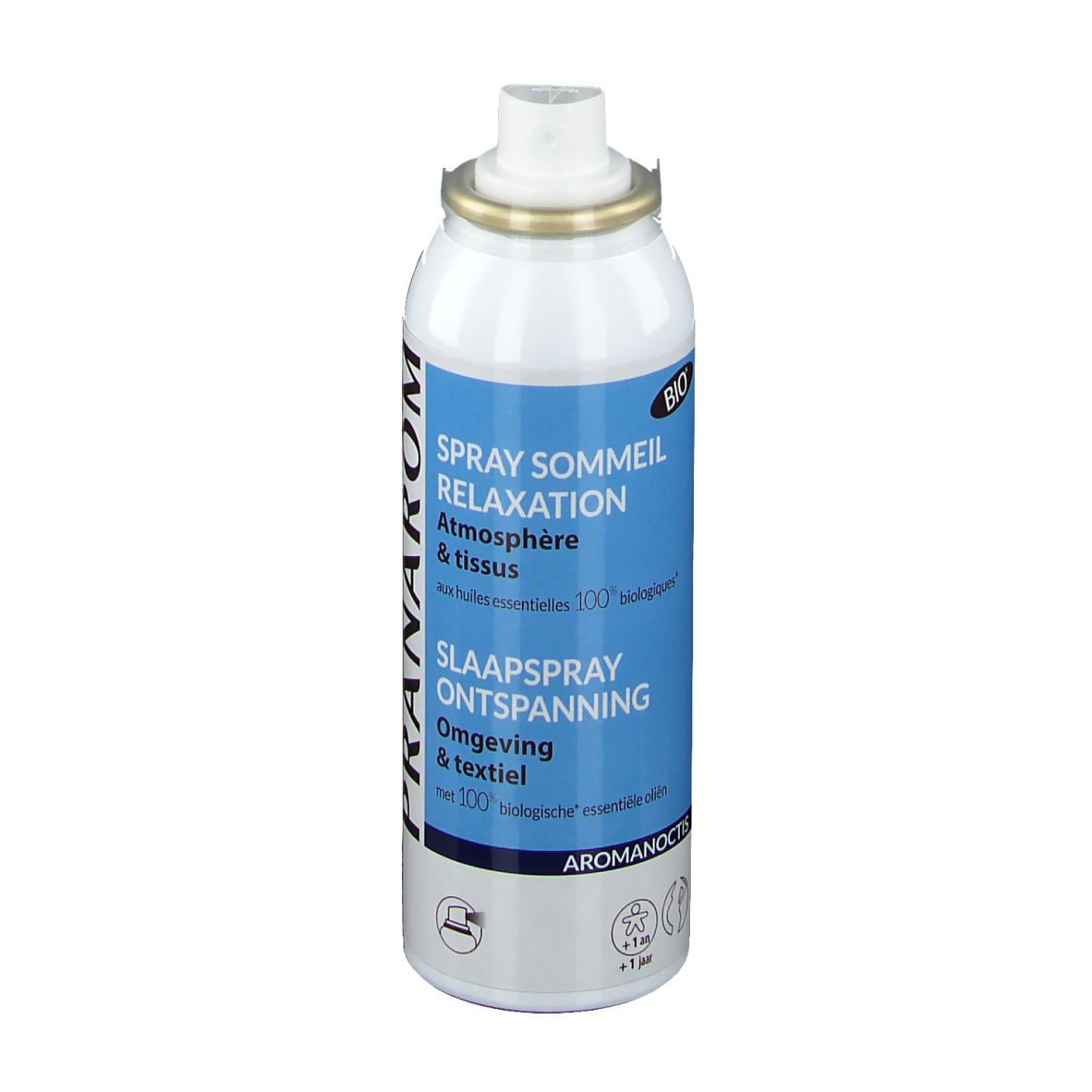 Flacon de spray Aromanoctis. Emballage blanc et bleu avec texte. Tête de pulvérisation, anneau doré.