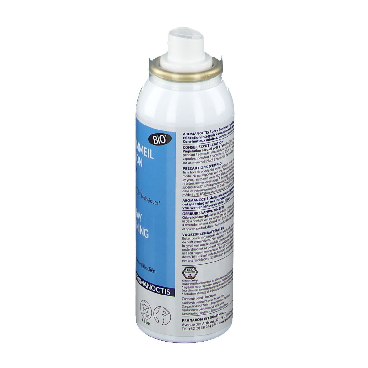 Dos du flacon de spray Aromanoctis. Texte en plusieurs langues. Label Bio.
