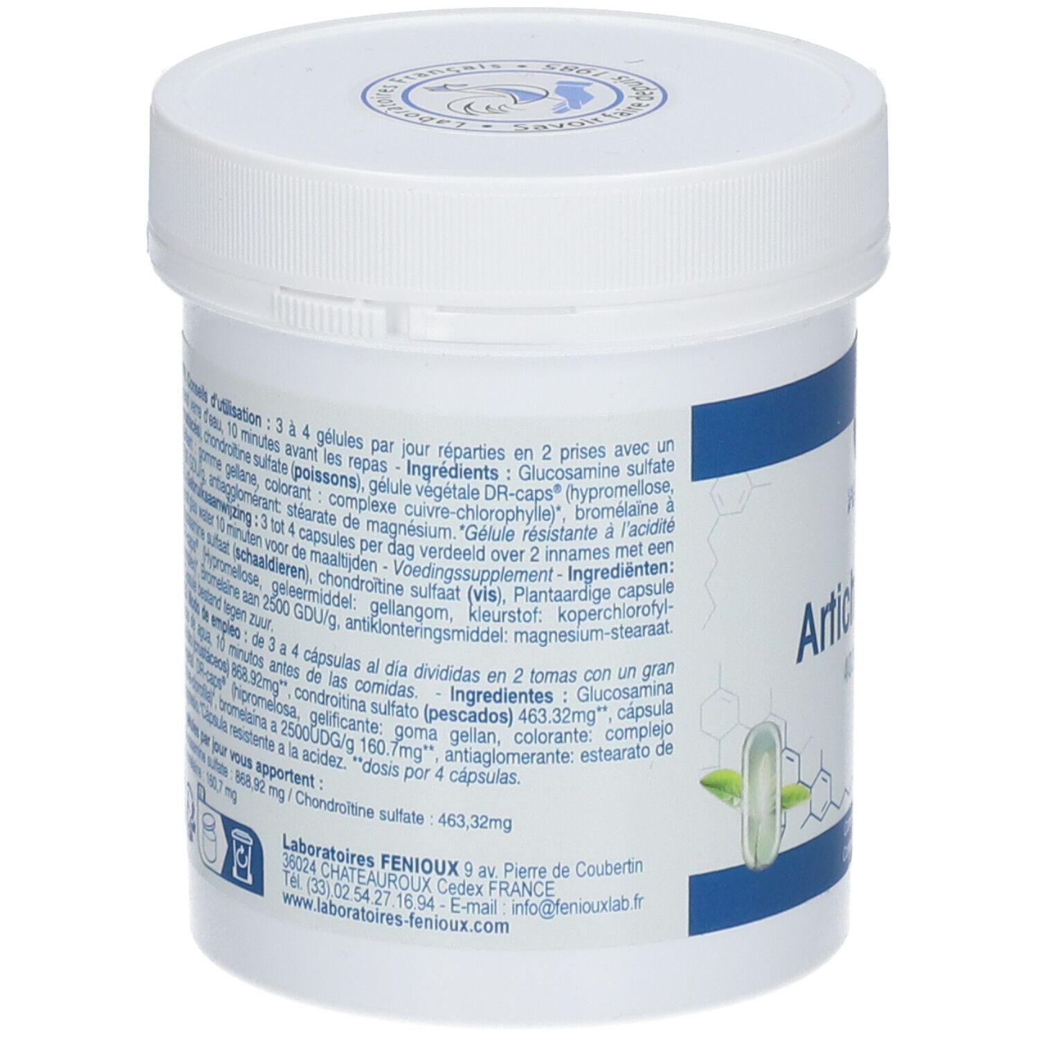 Achterkant van de witte pot. Tekst met ingrediënten en gebruiksaanwijzing in meerdere talen. Logo: Laboratoires Fenioux.
