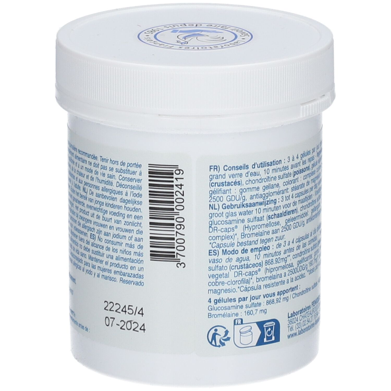 Achterkant van de witte pot. Tekst met gebruiksaanwijzing en waarschuwingen in meerdere talen. Logo: Laboratoires Fenioux.