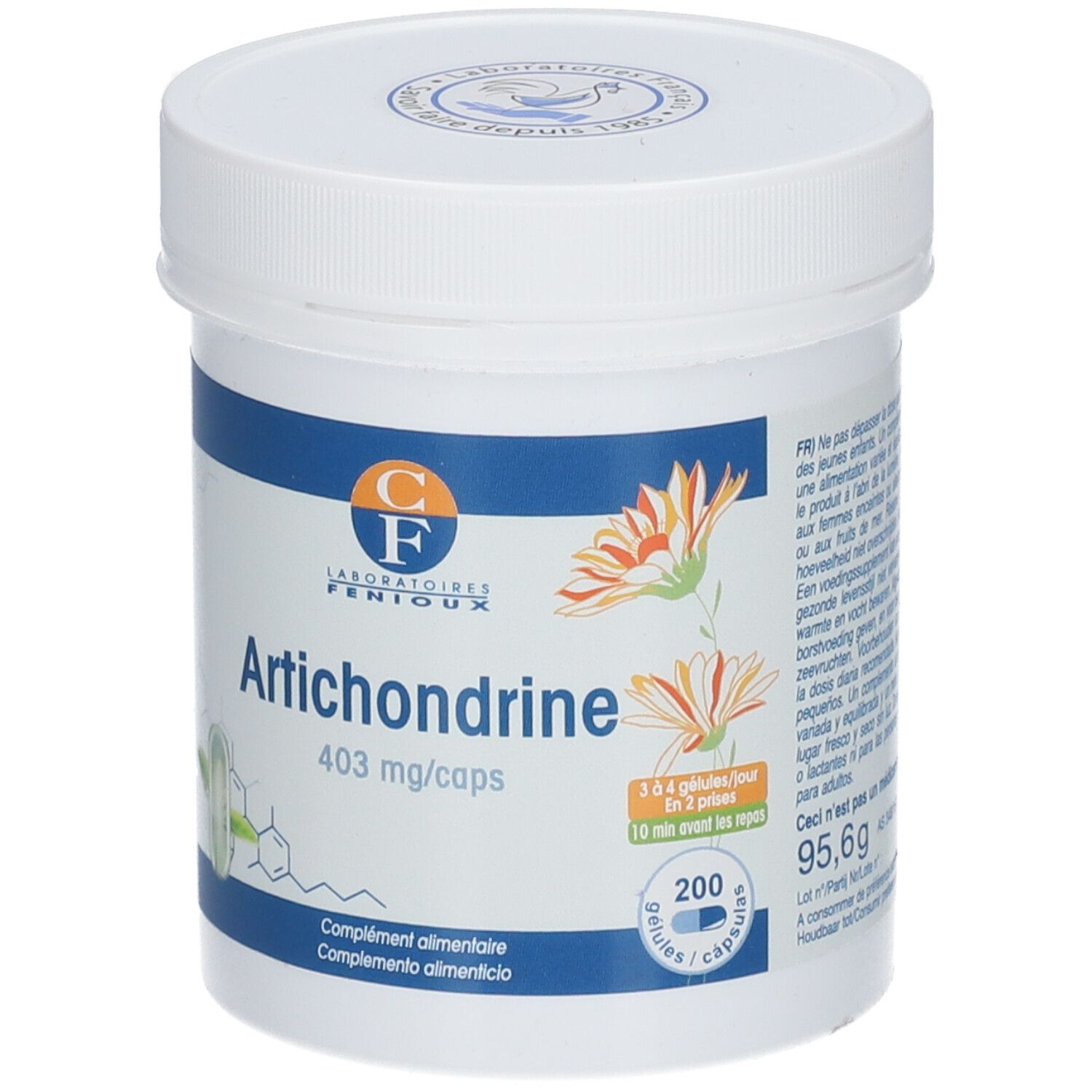 Witte pot met deksel. Opschrift: Artichondrine, 403 mg/caps. 200 capsules. Logo: CF Laboratoires Fenioux. Gewicht: 95,6g.