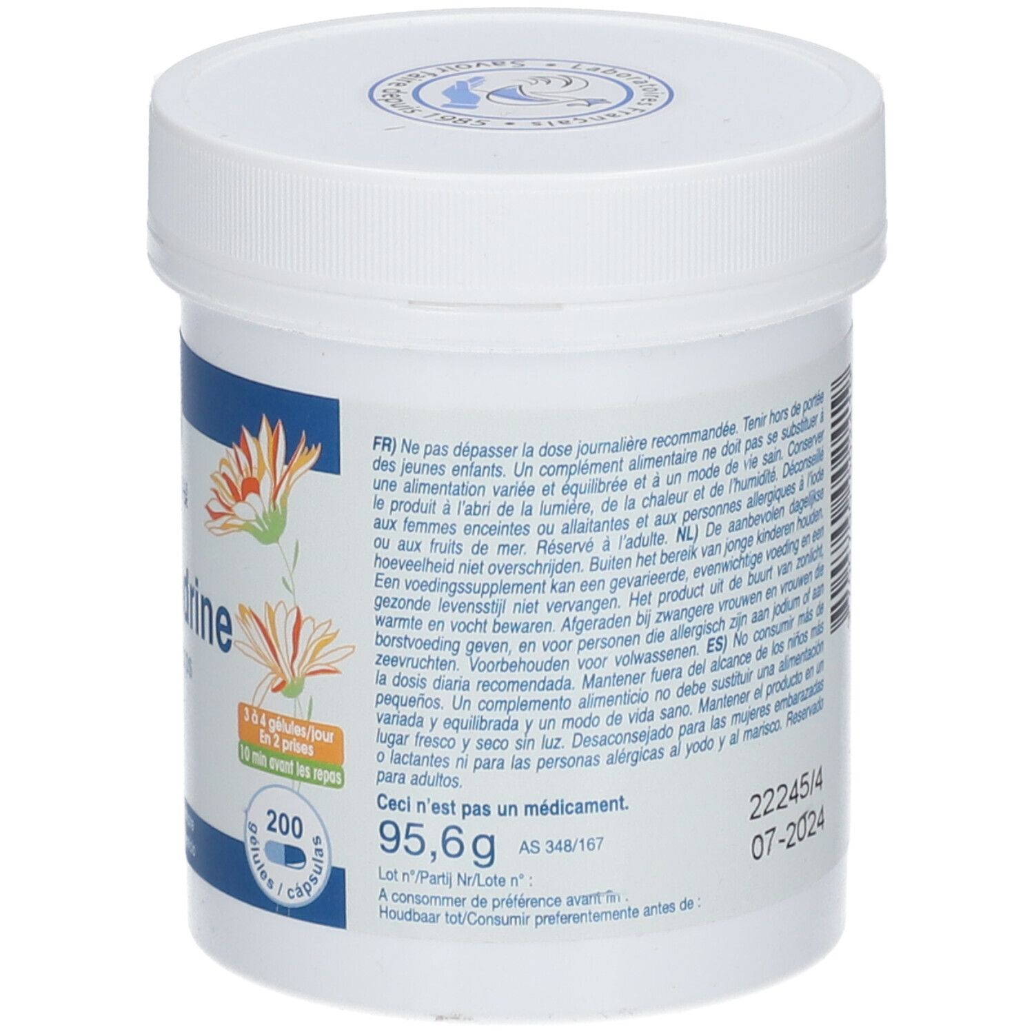 Achterkant van de witte pot. Tekst, gewicht 95,6g, houdbaarheidsdatum. Logo: Laboratoires Fenioux. 200 capsules.