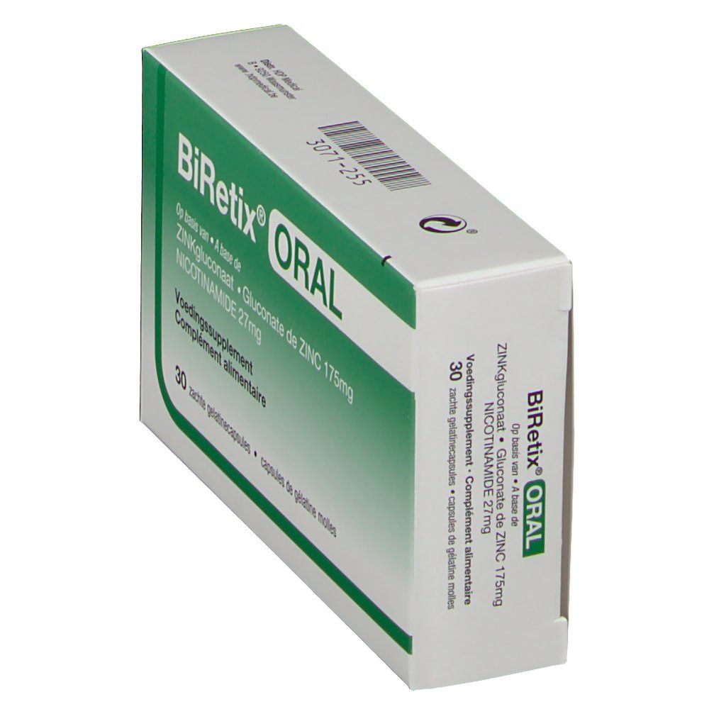 Scatola BiRetix Oral inclinata. Confezione verde e bianca. Scritta: BiRetix Oral. Contiene 30 capsule.