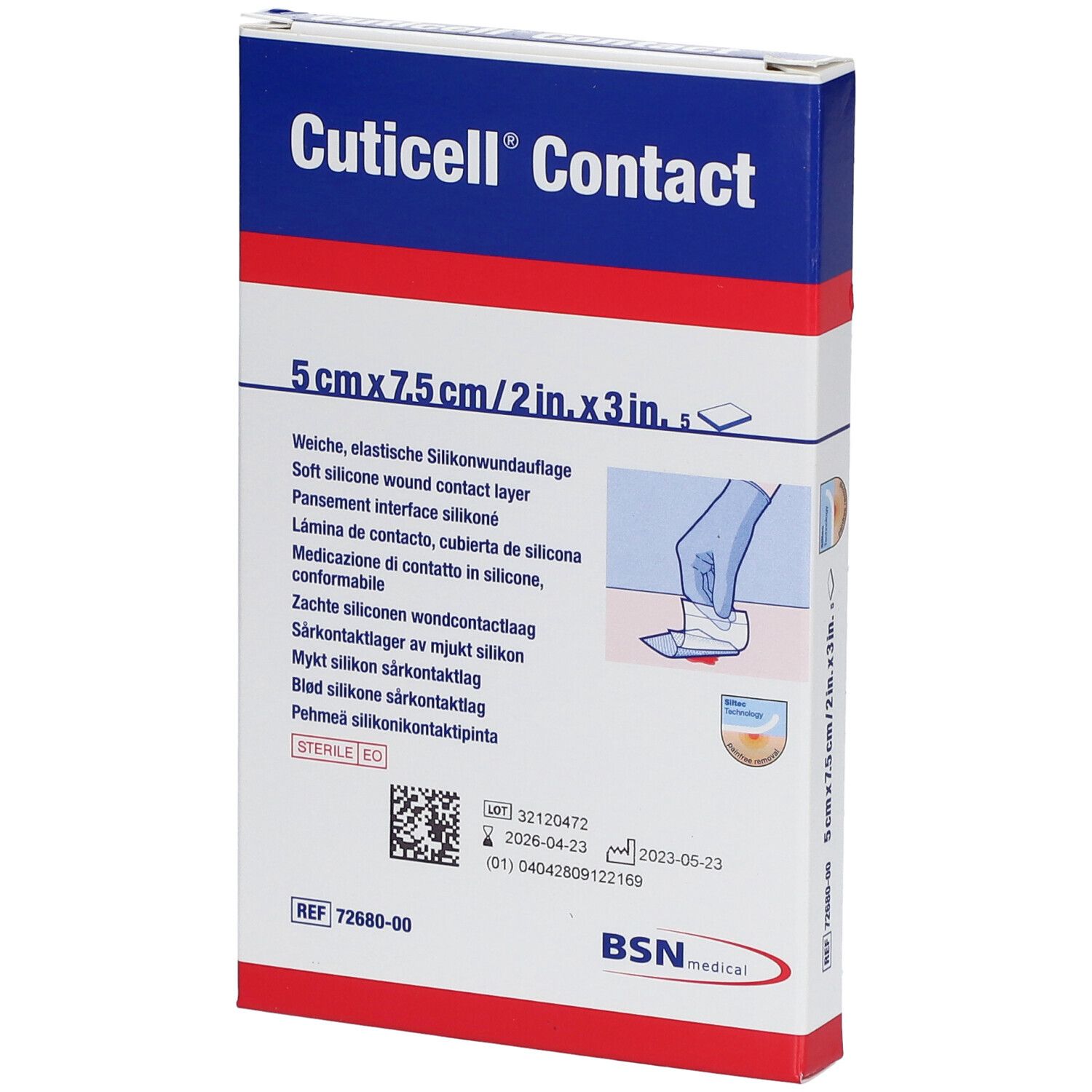 Verpakking met productinformatie. Cuticell Contact, 5 cm x 7,5 cm. Zachte siliconen wondcontactlaag. BSN medical logo.