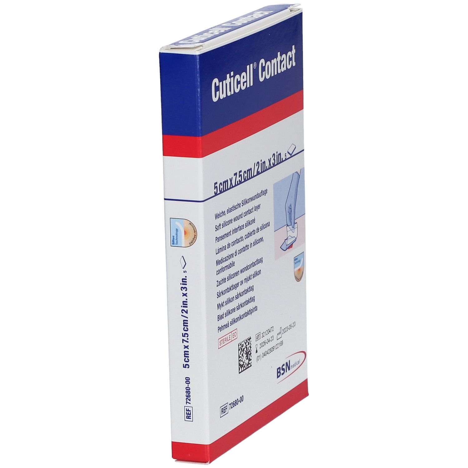Zijaanzicht van de verpakking. Cuticell Contact, 5 cm x 7,5 cm. Zachte siliconen wondcontactlaag. BSN medical logo.