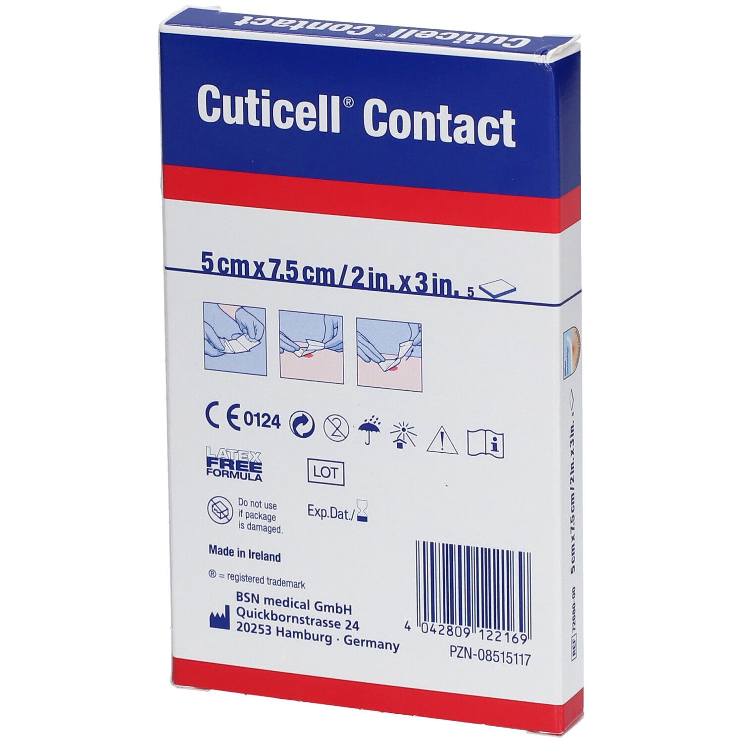 Achterkant van de verpakking. Cuticell Contact, 5 cm x 7,5 cm. Zachte siliconen wondcontactlaag. CE-markering.