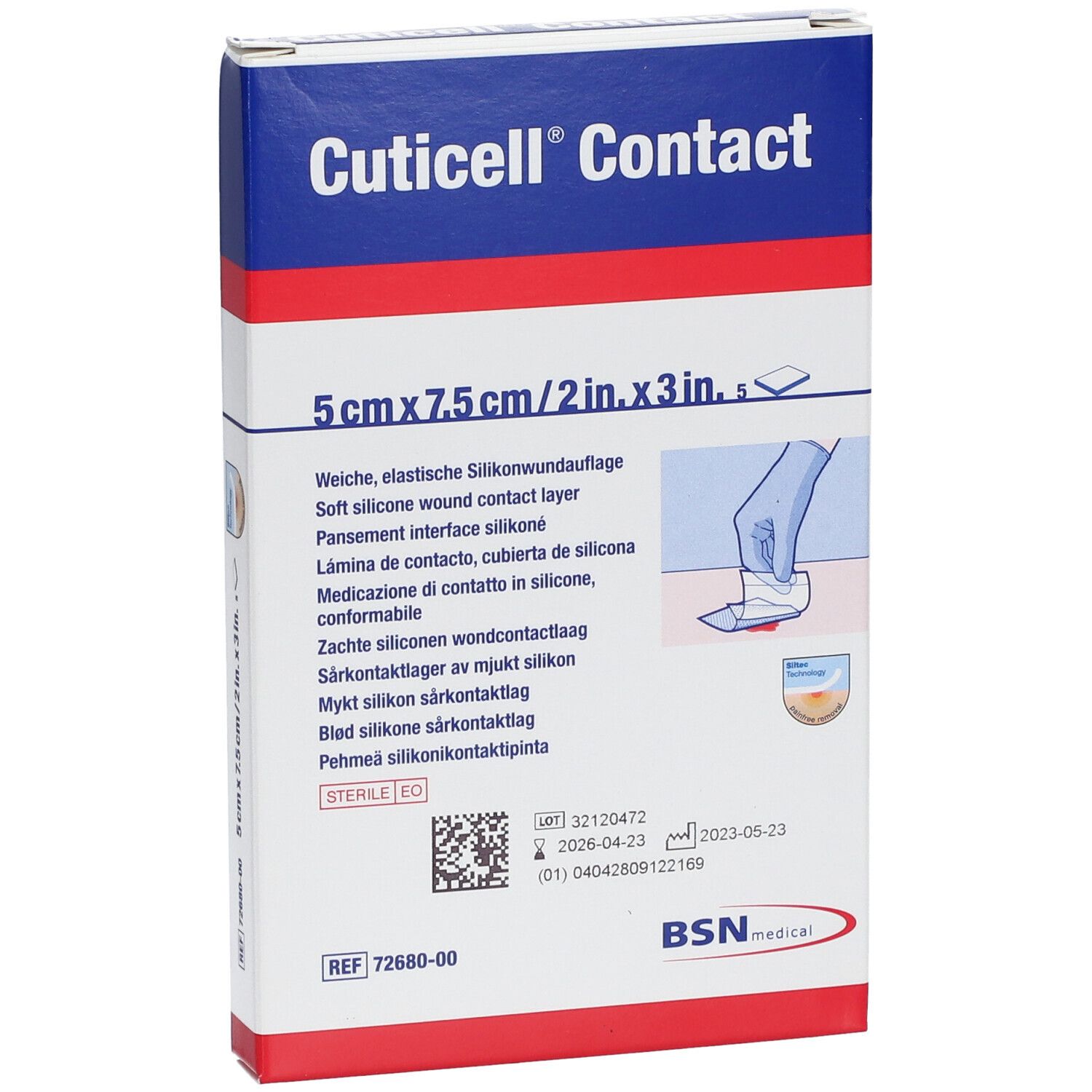 Verpakking met productinformatie. Cuticell Contact, 5 cm x 7,5 cm. Zachte siliconen wondcontactlaag. BSN medical logo.