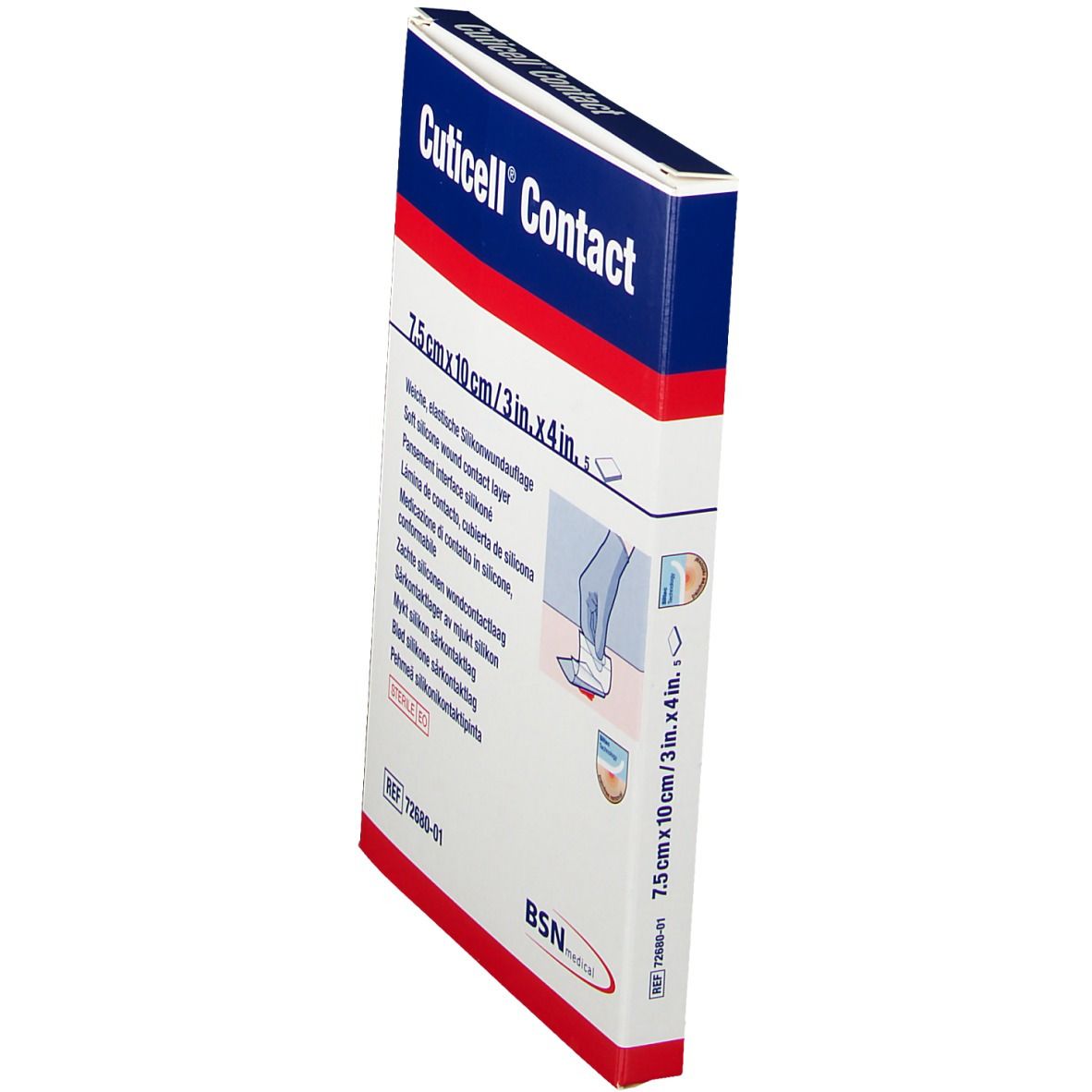 Vue latérale de l'emballage de Cuticell® Contact. Inscription: 7,5 cm x 10 cm / 3 po x 4 po. Logo BSN medical.