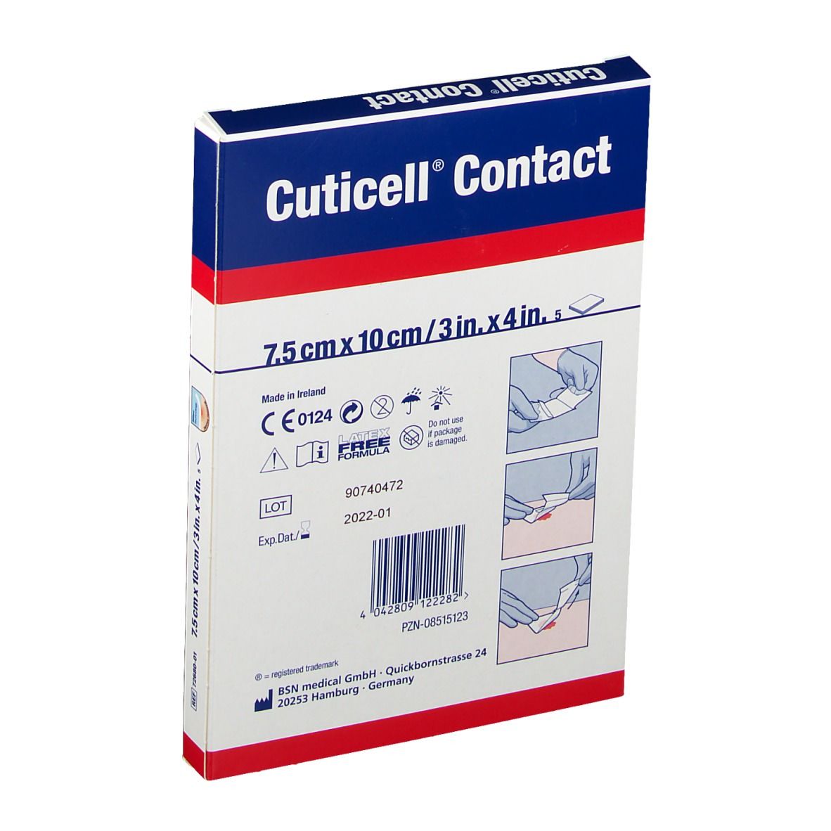 Dos de l'emballage de Cuticell® Contact. Inscription: 7,5 cm x 10 cm / 3 po x 4 po. Marquage CE. Numéro de lot.