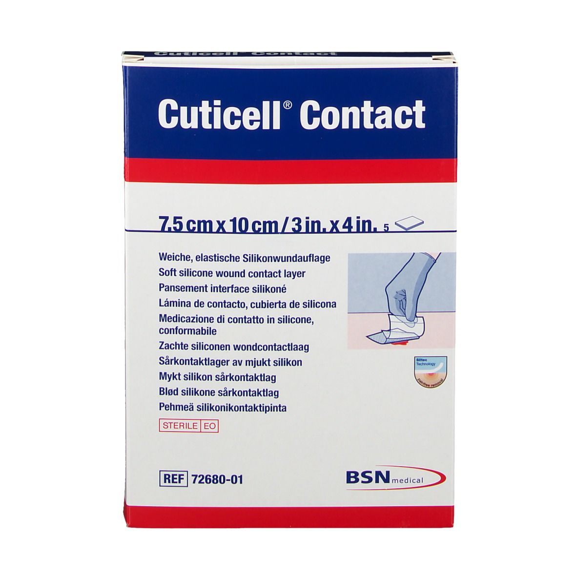 Vue de face de l'emballage de Cuticell® Contact. Inscription: 7,5 cm x 10 cm / 3 po x 4 po. Logo BSN medical. Stérile EO.