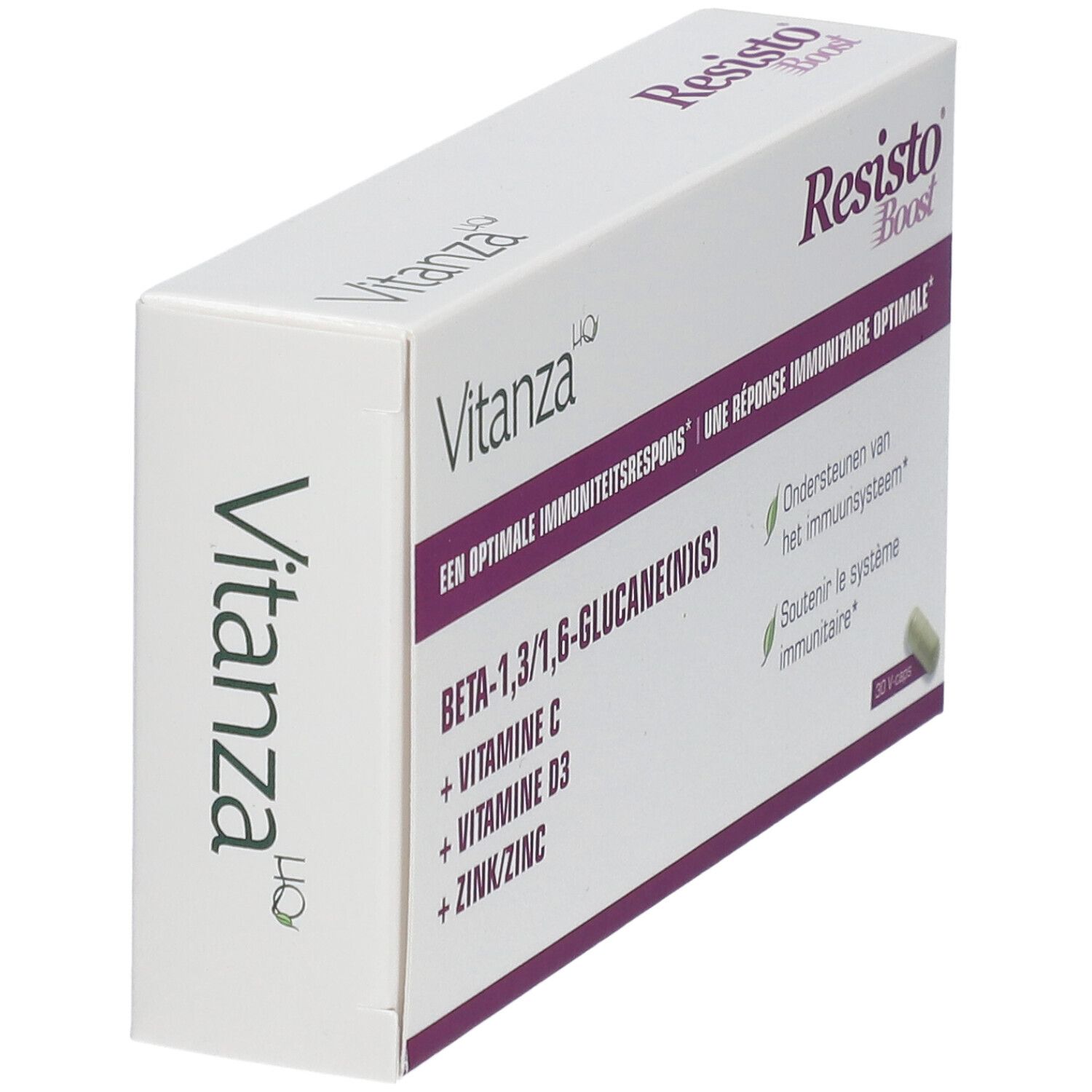 Boîte blanche Resisto Boost. Contient Beta-1,3/1,6-Glucane, Vitamine C, D3 et Zinc. Logo Vitanza.