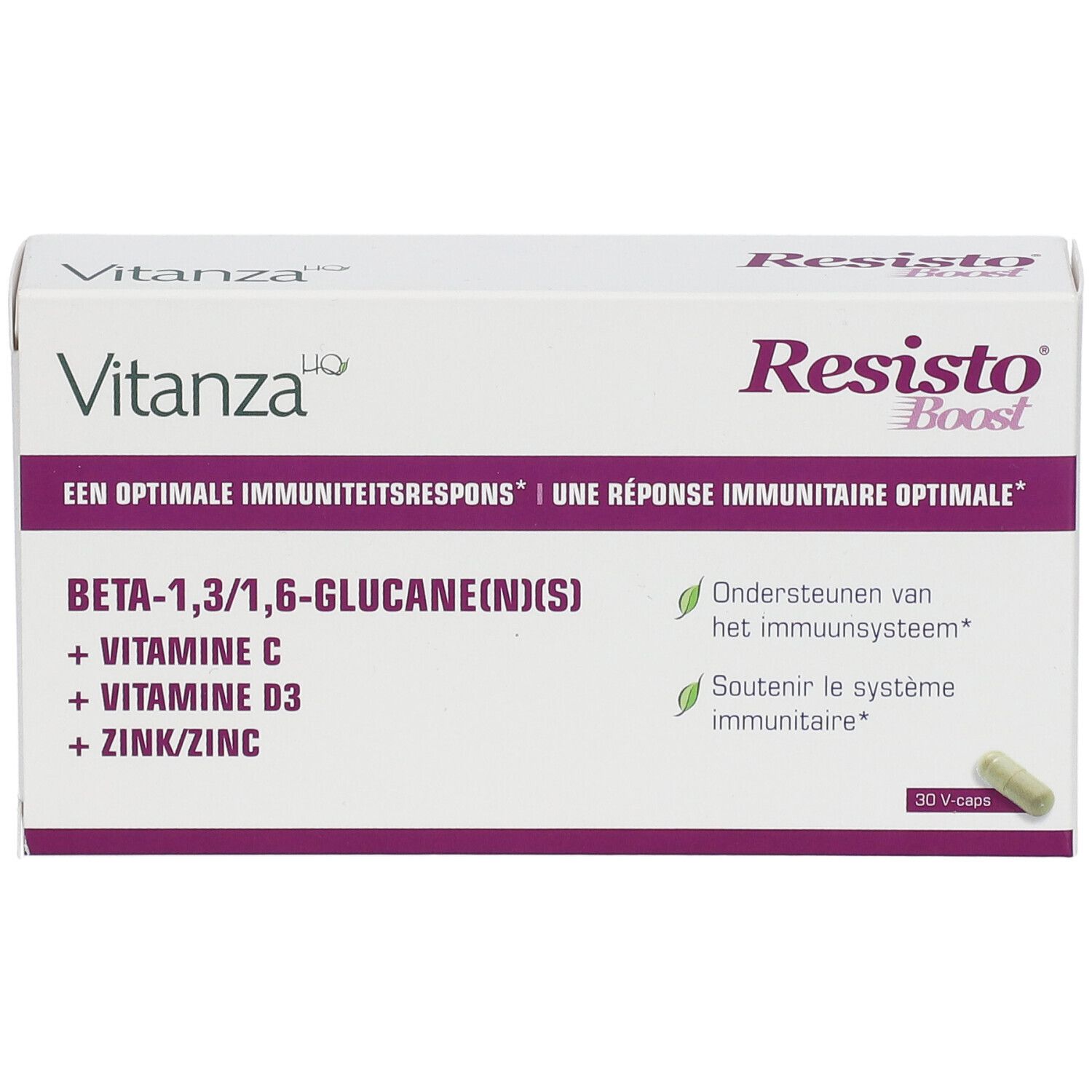 Boîte blanche Resisto Boost. Contient Beta-1,3/1,6-Glucane, Vitamine C, D3 et Zinc. 30 gélules.