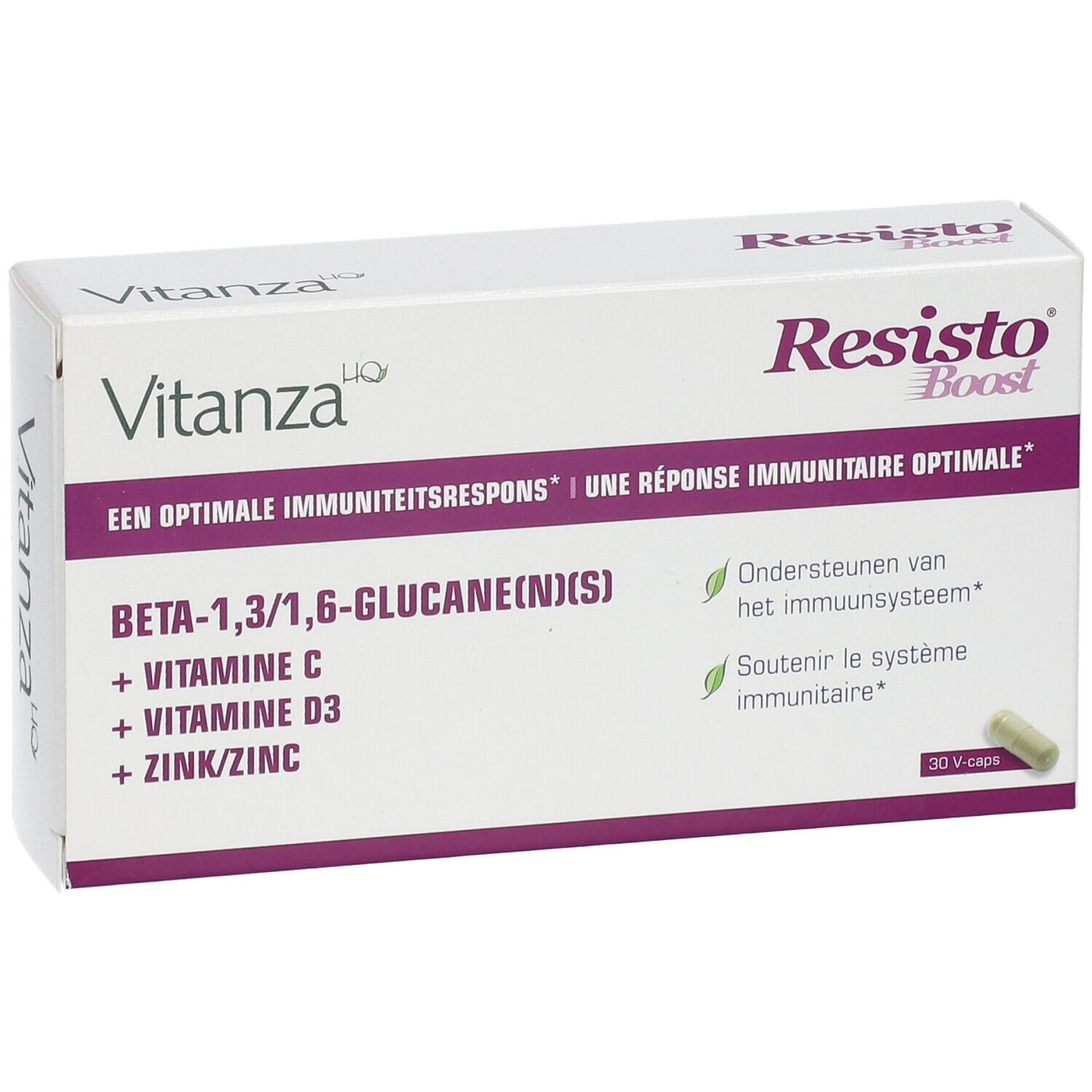 Boîte blanche Resisto Boost. Contient Beta-1,3/1,6-Glucane, Vitamine C, D3 et Zinc. 30 gélules.