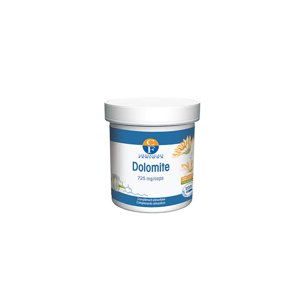 Pot blanc de Dolomite. Étiquettes bleues et blanches avec informations produit et logo.
