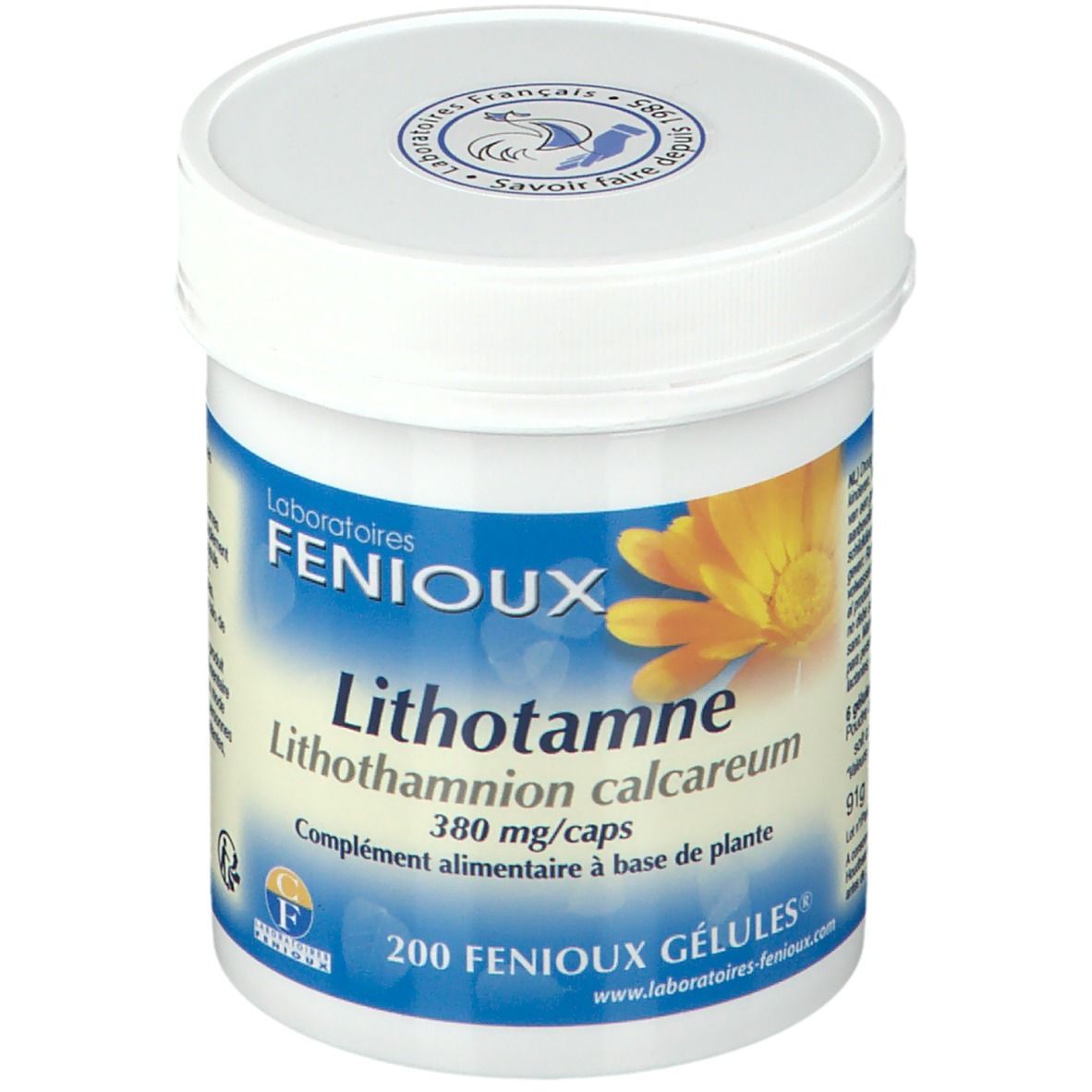Weißes, zylindrisches Produkt. Aufkleber mit Produktnamen, Marke FENIOUX und Inhaltsangaben. Deckel mit Logo.