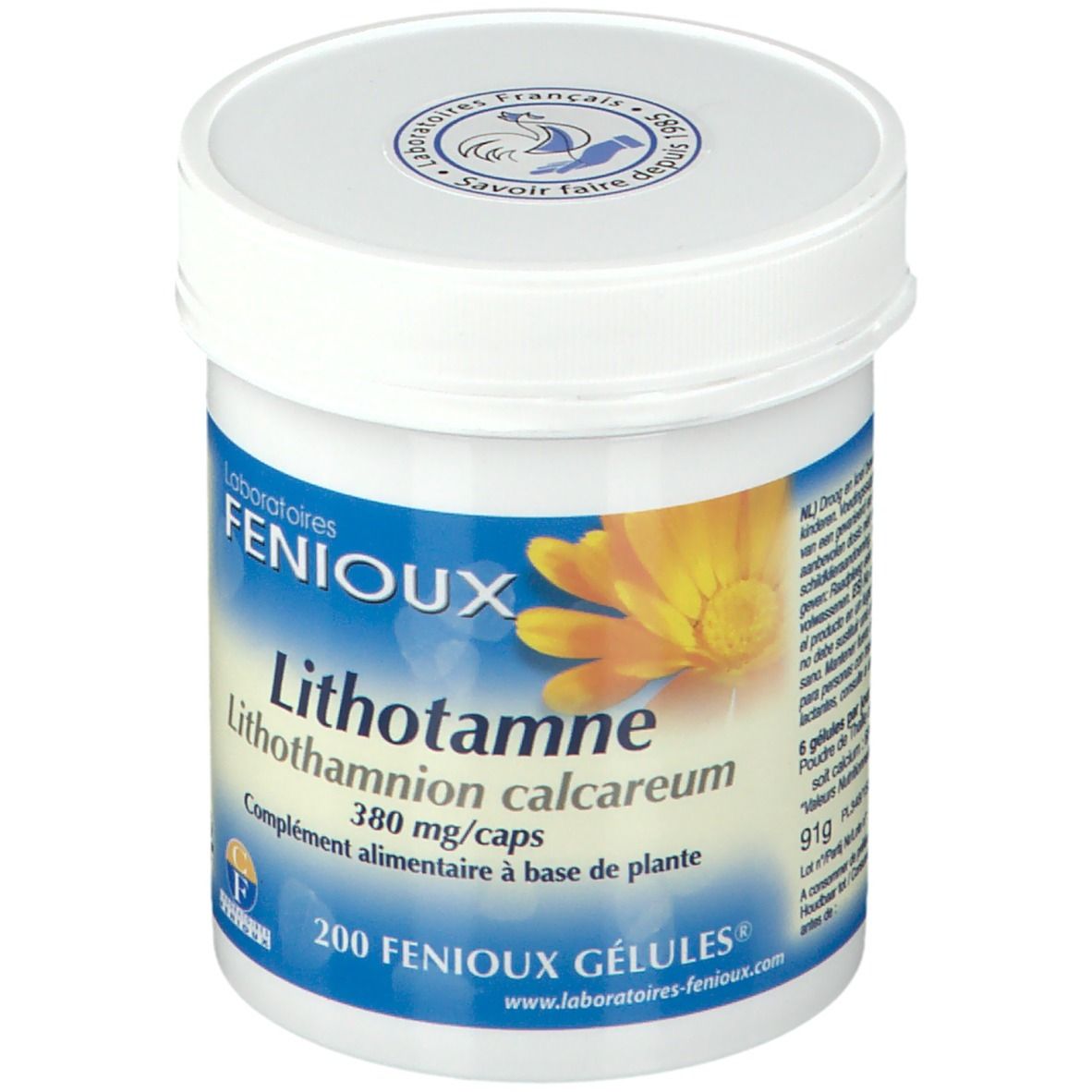 Weißer, zylindrischer Behälter. Aufkleber mit Produktnamen, Marke FENIOUX und Inhaltsangaben. Deckel mit Logo.