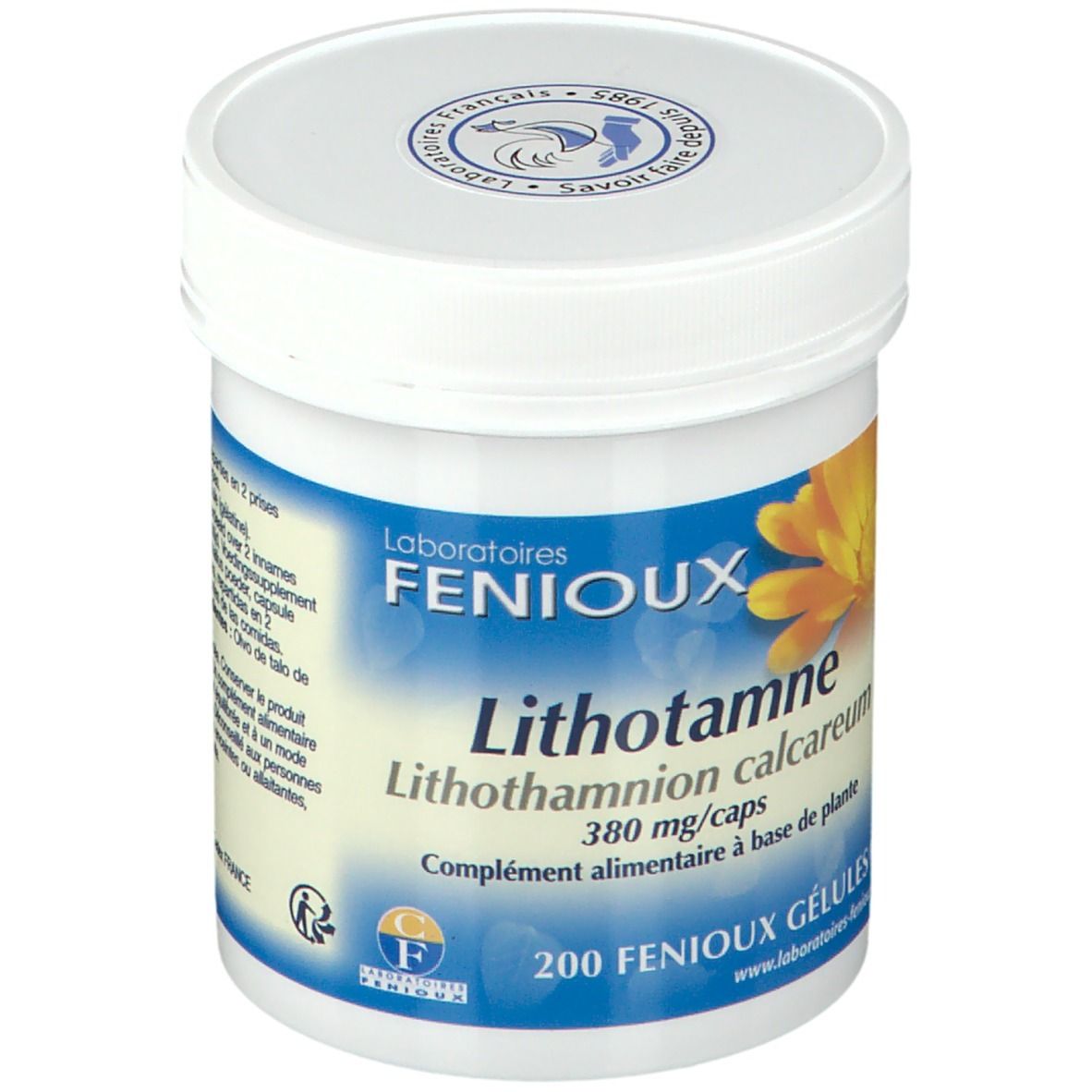 Weißer, zylindrischer Behälter. Aufkleber mit Produktnamen, Marke FENIOUX und Inhaltsangaben. Deckel mit Logo.