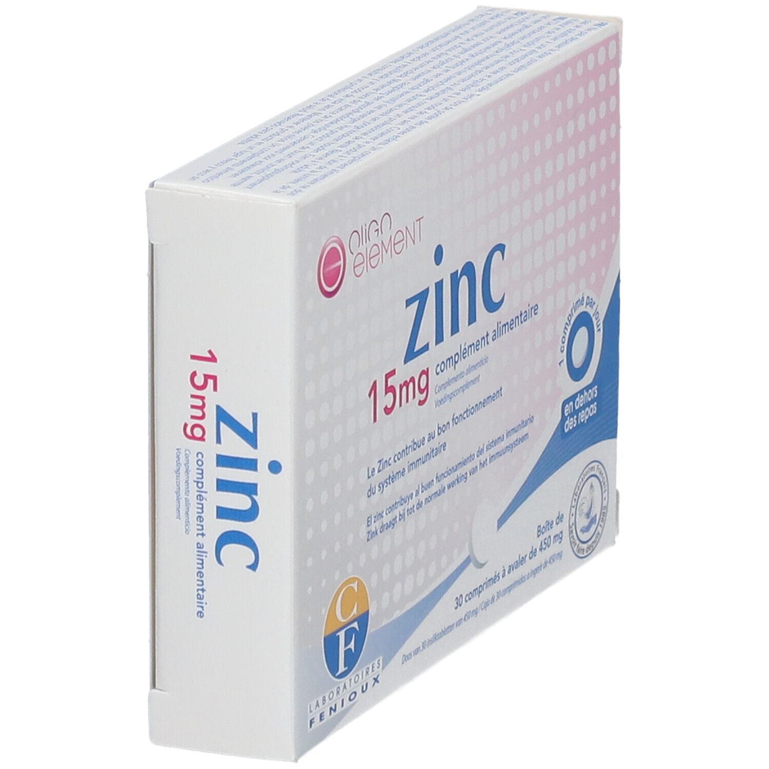 Boîte de compléments alimentaires Oligo Element Zinc 15mg en biais. Contient 30 comprimés. Label de qualité français.
