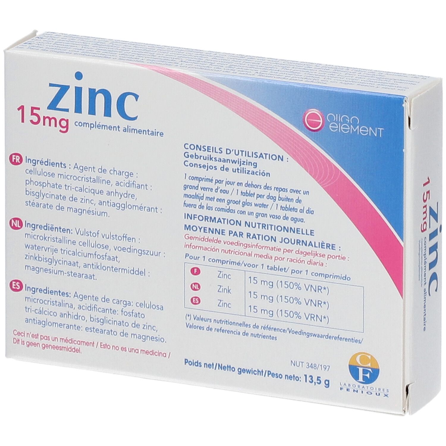 Dos de la boîte Oligo Element Zinc 15mg. Ingrédients et mode d'emploi. Contient 30 comprimés.