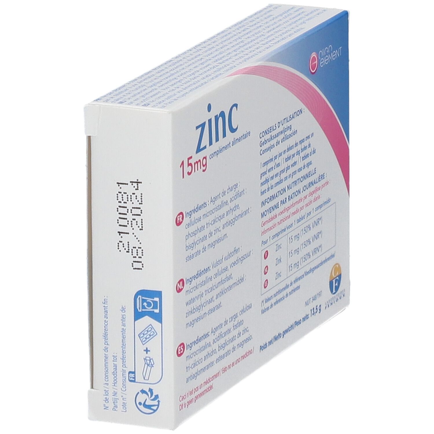Boîte Oligo Element Zinc 15mg en biais, dos. Ingrédients et date de péremption. Contient 30 comprimés.