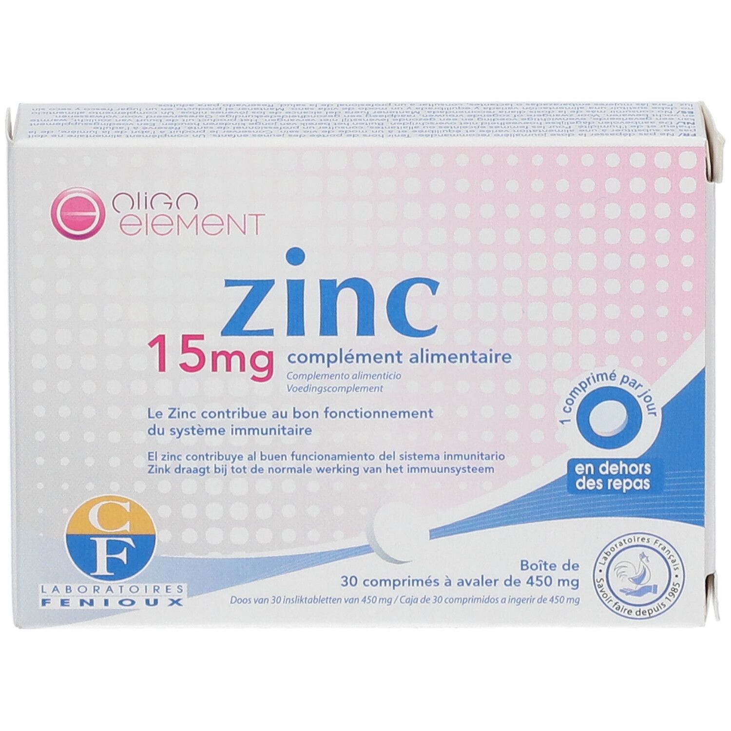 Boîte de compléments alimentaires Oligo Element Zinc 15mg. Contient 30 comprimés. Label de qualité français.