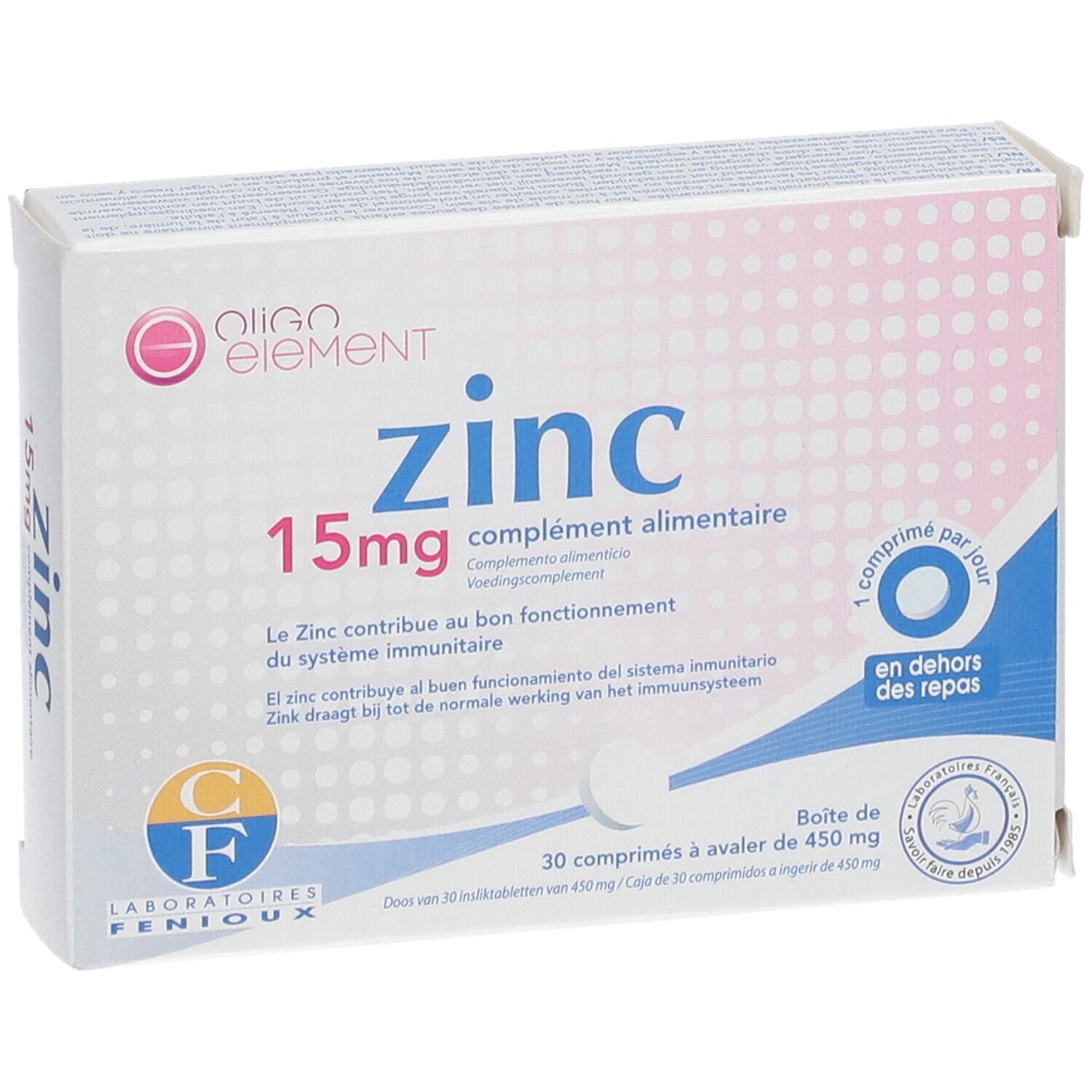 Boîte de compléments alimentaires Oligo Element Zinc 15mg. Contient 30 comprimés. Label de qualité français.