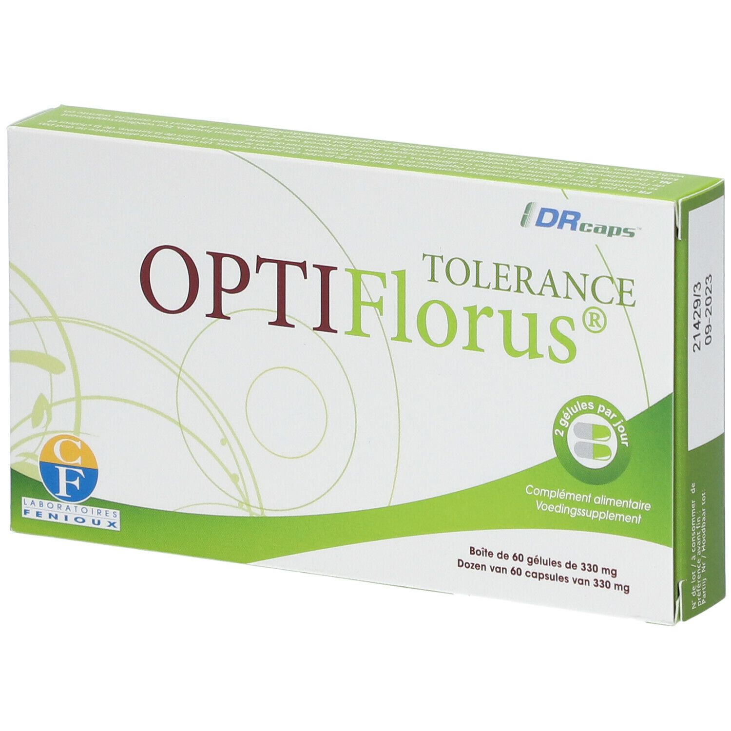 Boîte OPTIFlorus® TOLERANCE. Inscription: 60 gélules. Logo Laboratoires FENIOUX. Complément alimentaire.
