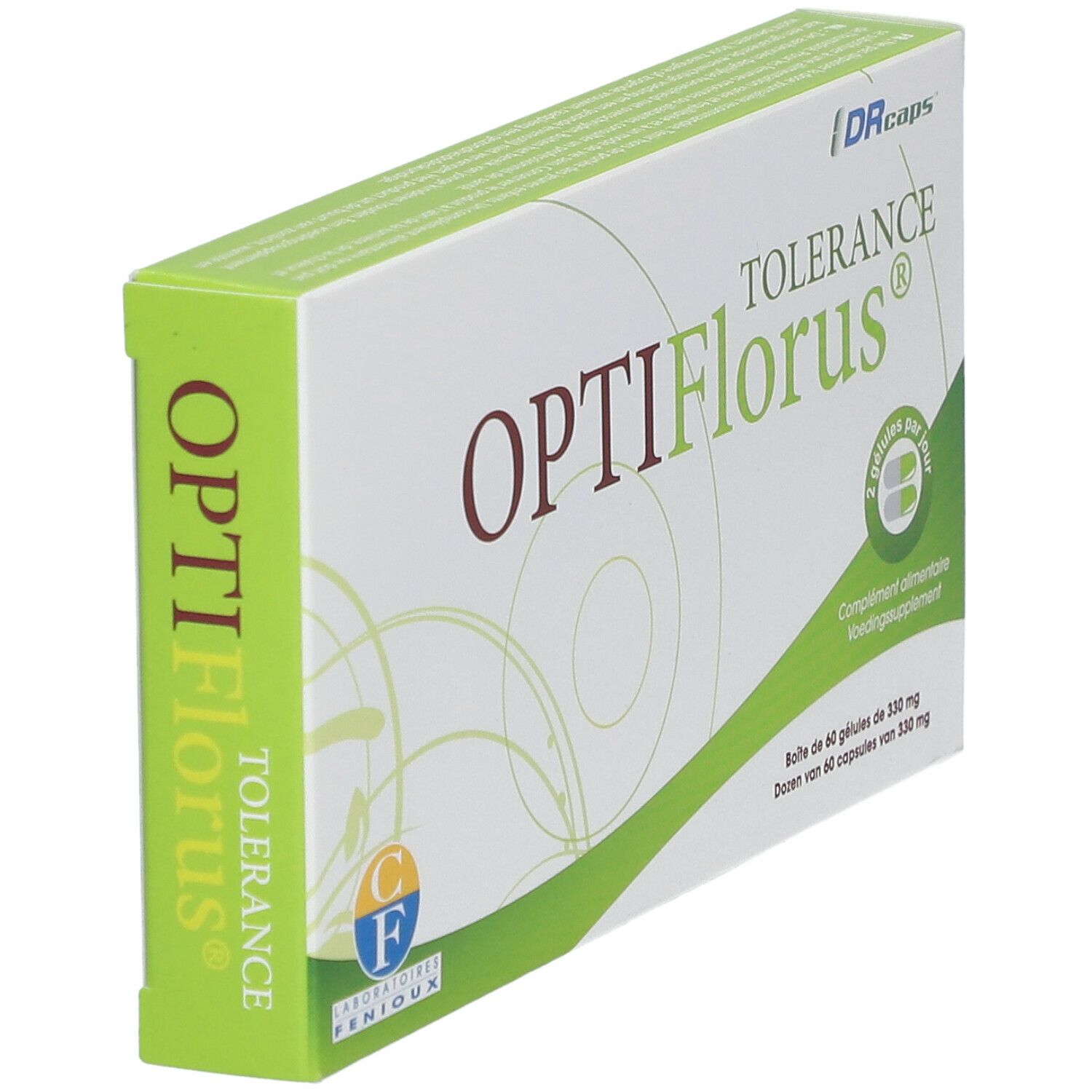 Boîte OPTIFlorus® TOLERANCE. Inscription: 60 gélules. Logo Laboratoires FENIOUX. Emballage vert et blanc.
