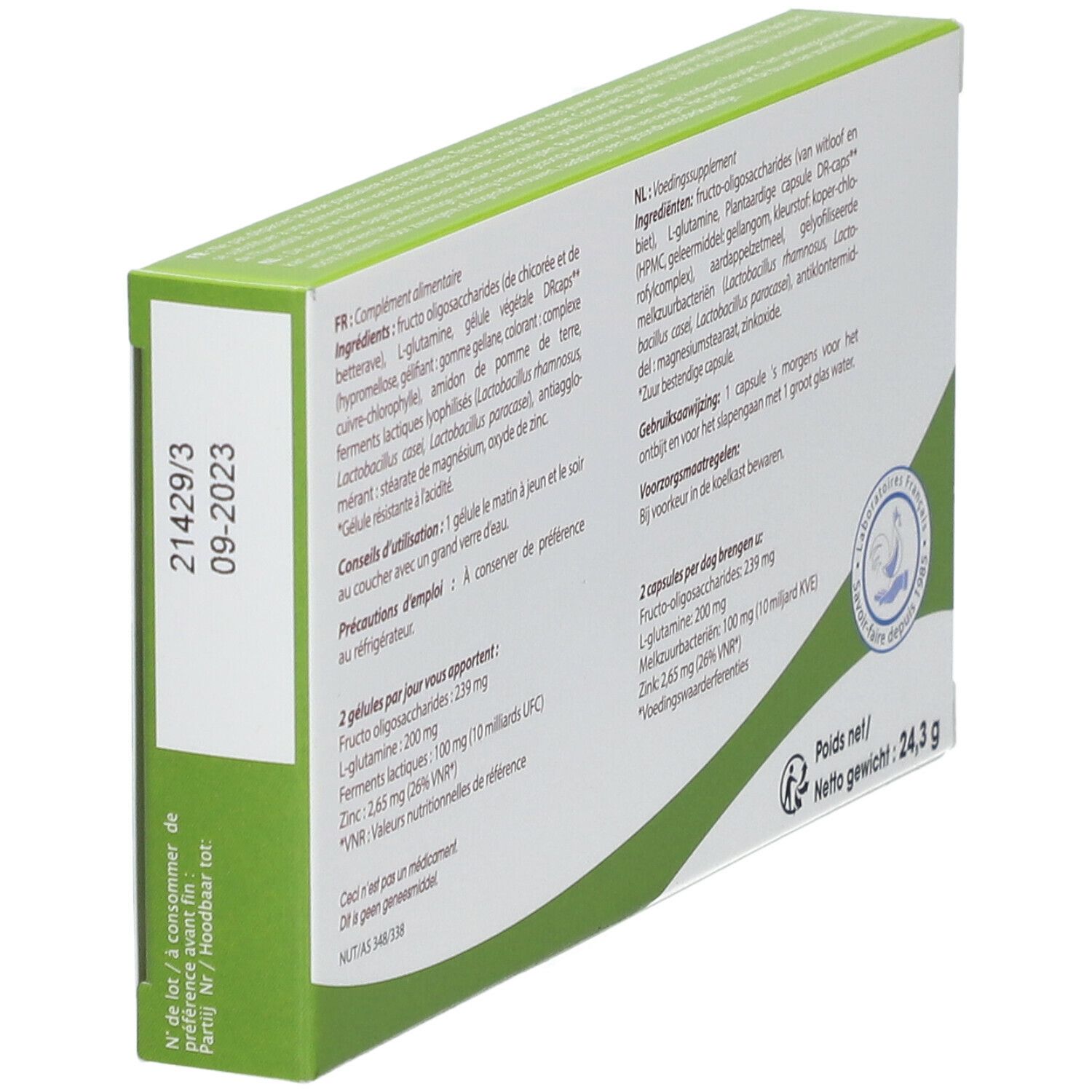Dos de la boîte OPTIFlorus® TOLERANCE. Ingrédients, dosage, date de péremption. Logo Laboratoires FENIOUX.