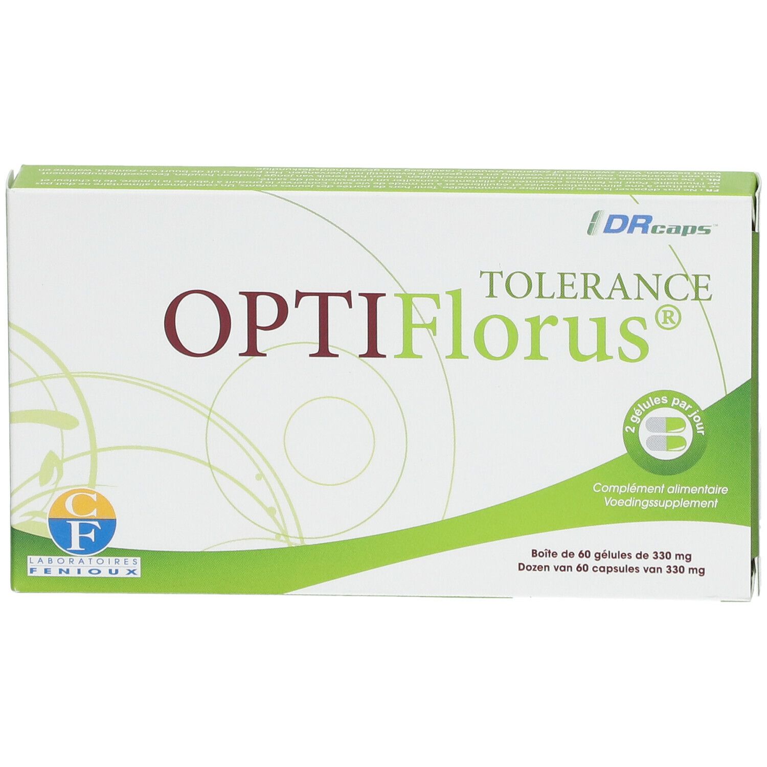 Boîte OPTIFlorus® TOLERANCE. Inscription: 60 gélules. Logo Laboratoires FENIOUX. Emballage vert et blanc.