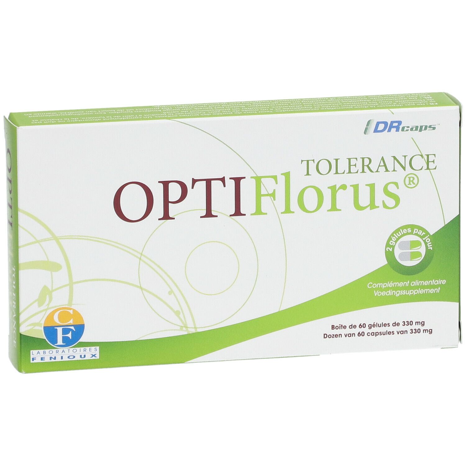Boîte OPTIFlorus® TOLERANCE. Inscription: 60 gélules. Logo Laboratoires FENIOUX. Emballage vert et blanc.