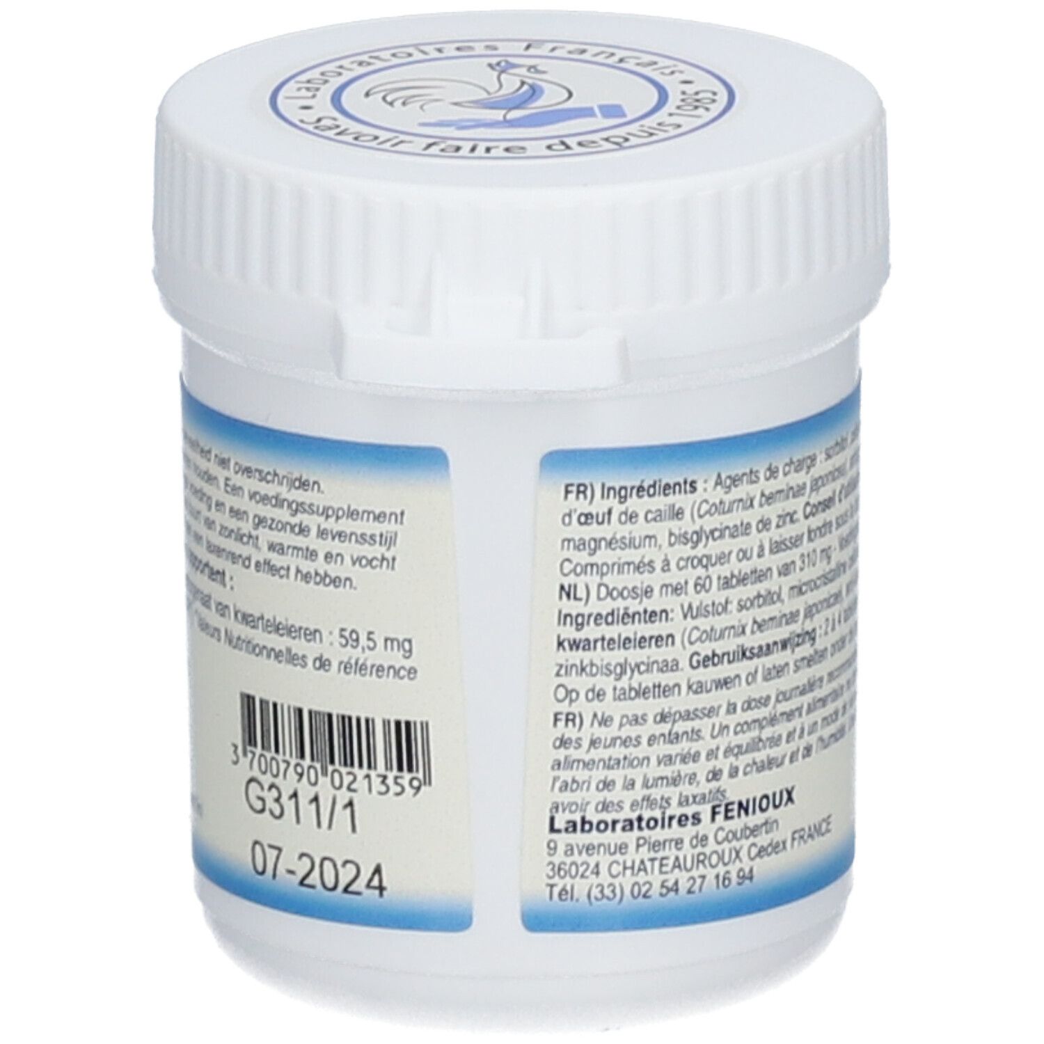 Dos d'une boîte blanche avec étiquette bleue. Texte sur les ingrédients et la date de péremption. Logo Laboratoires FENIOUX.