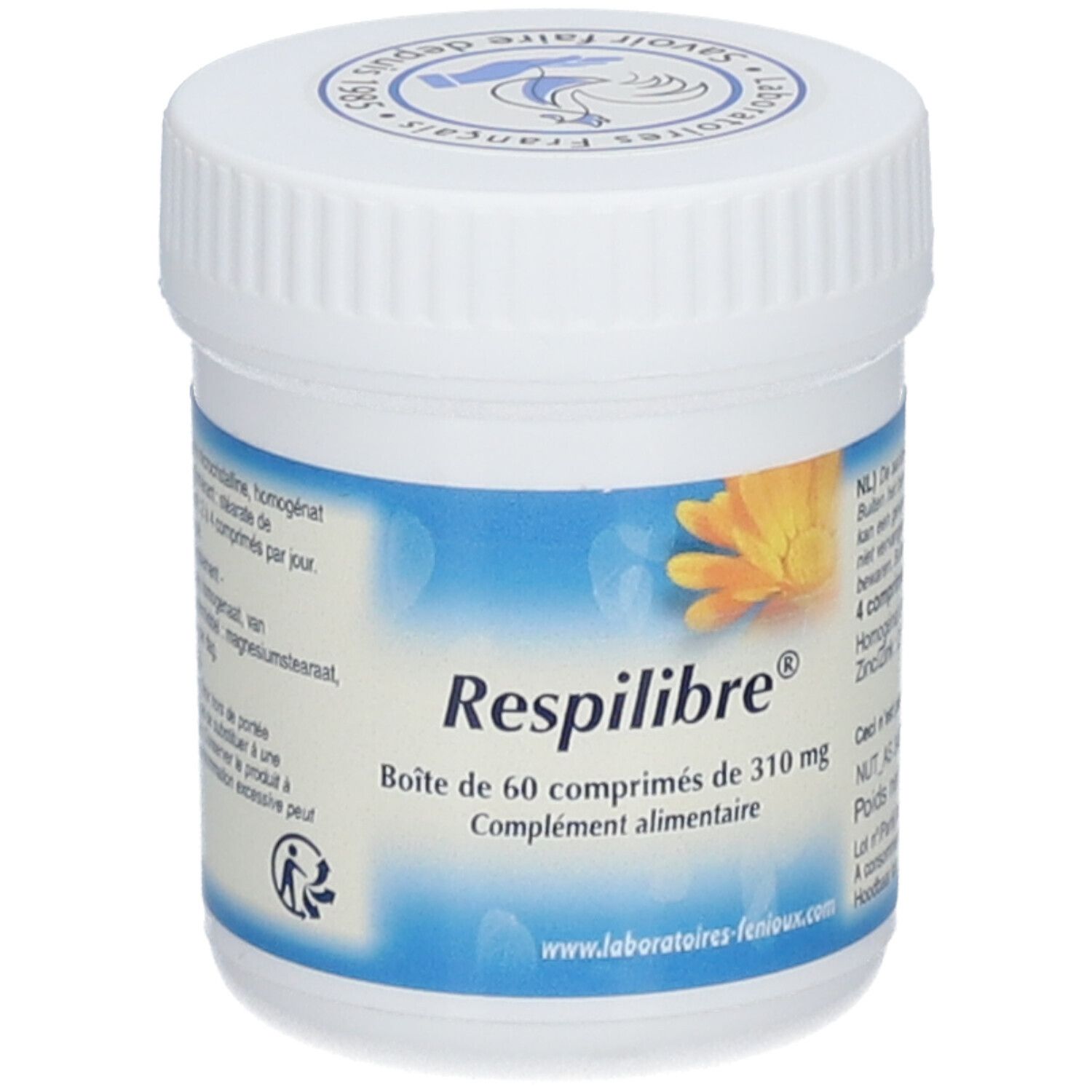 Boîte blanche avec étiquette bleue. Inscription Respilibre®, 60 comprimés, complément alimentaire. Logo Laboratoires FENIOUX.