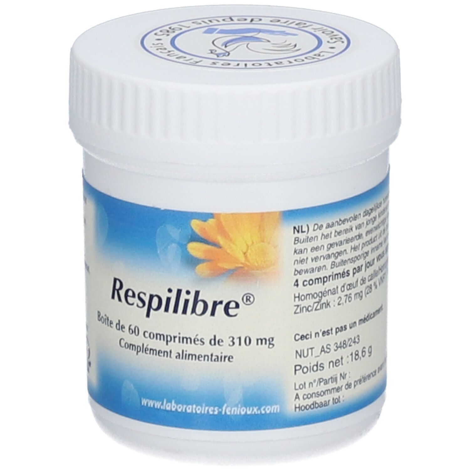 Boîte blanche avec étiquette bleue. Inscription Respilibre®, 60 comprimés, complément alimentaire. Logo Laboratoires FENIOUX.