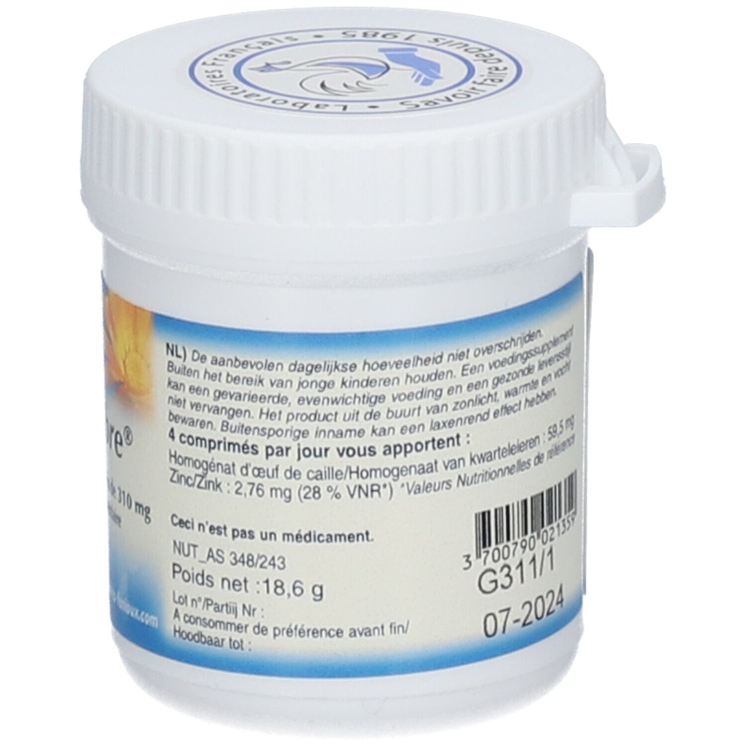 Dos d'une boîte blanche avec étiquette bleue. Texte sur les ingrédients et la date de péremption. Logo Laboratoires FENIOUX.